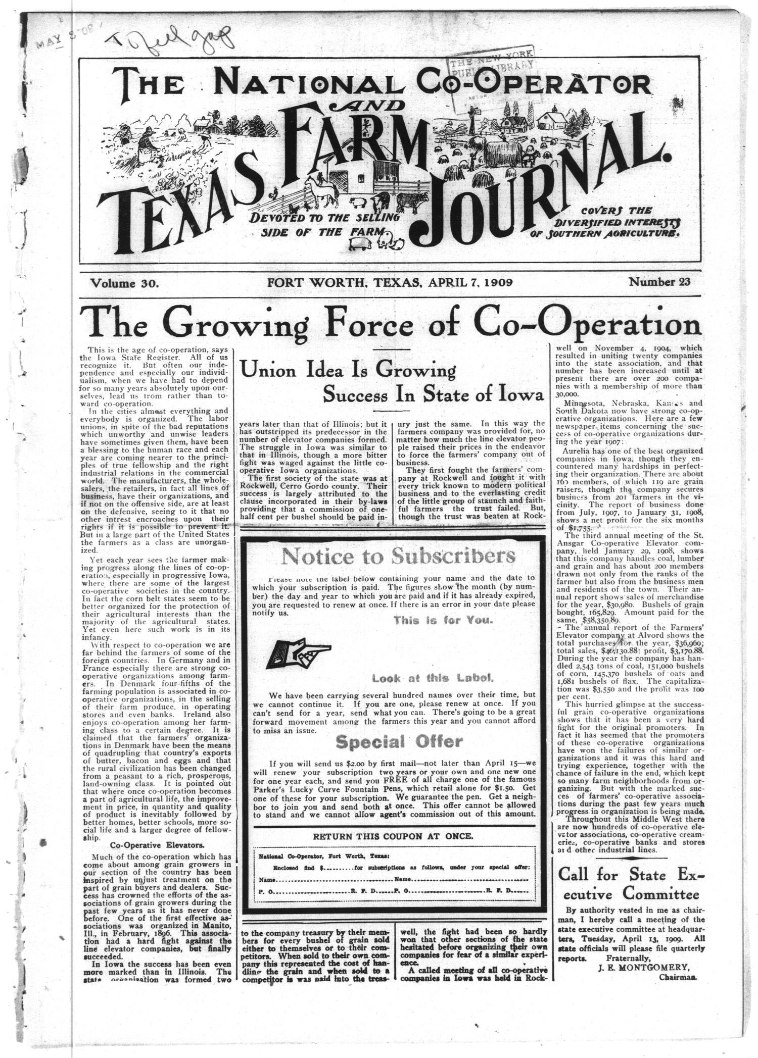 The National Co-operator and Texas Farm Journal. (Fort Worth, Tex.), Vol. 30, No. 23, Ed. 1 Wednesday, April 7, 1909
                                                
                                                    [Sequence #]: 1 of 16
                                                