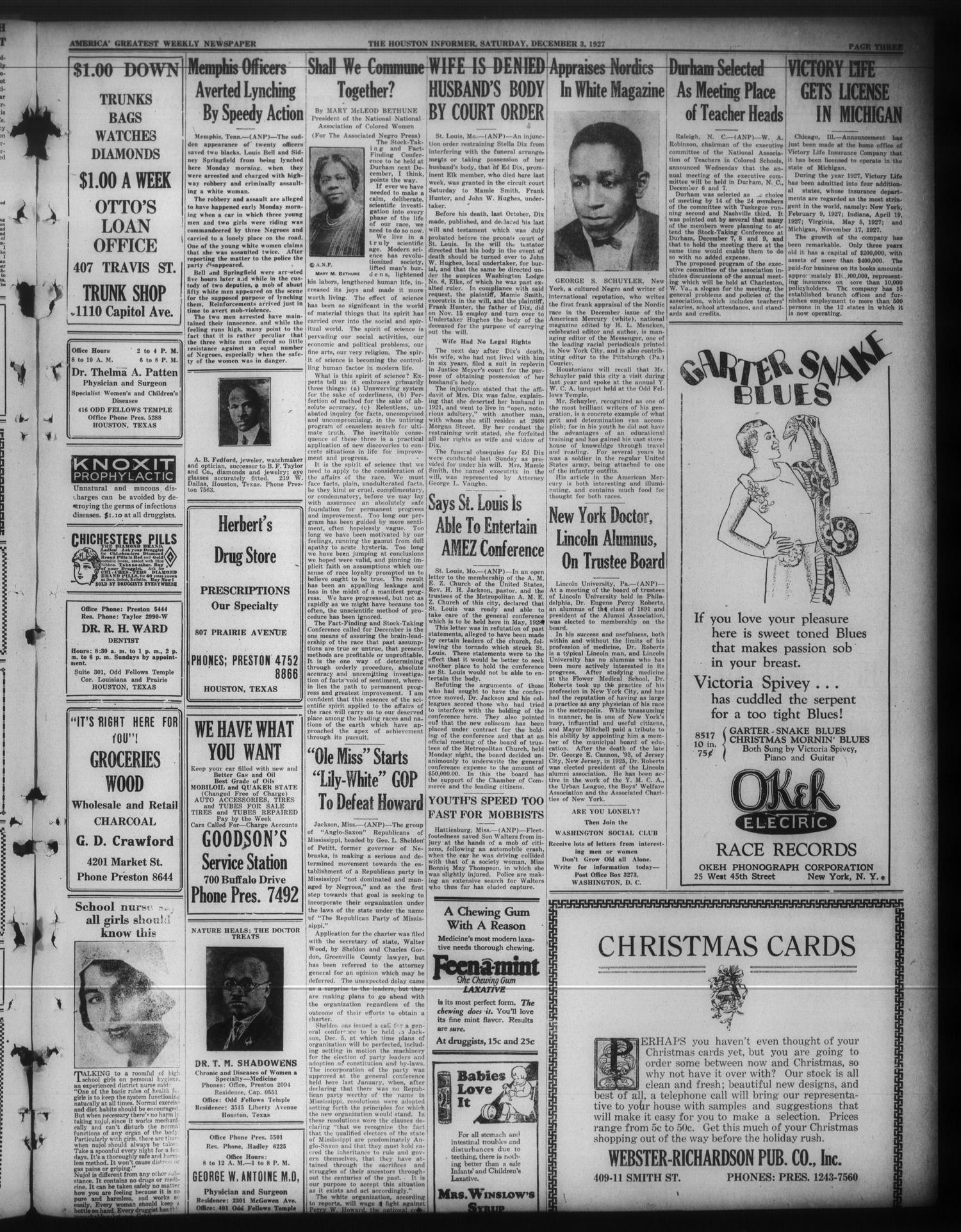 The Houston Informer (Houston, Tex.), Vol. 9, No. 29, Ed. 1 Saturday, December 3, 1927
                                                
                                                    [Sequence #]: 3 of 8
                                                