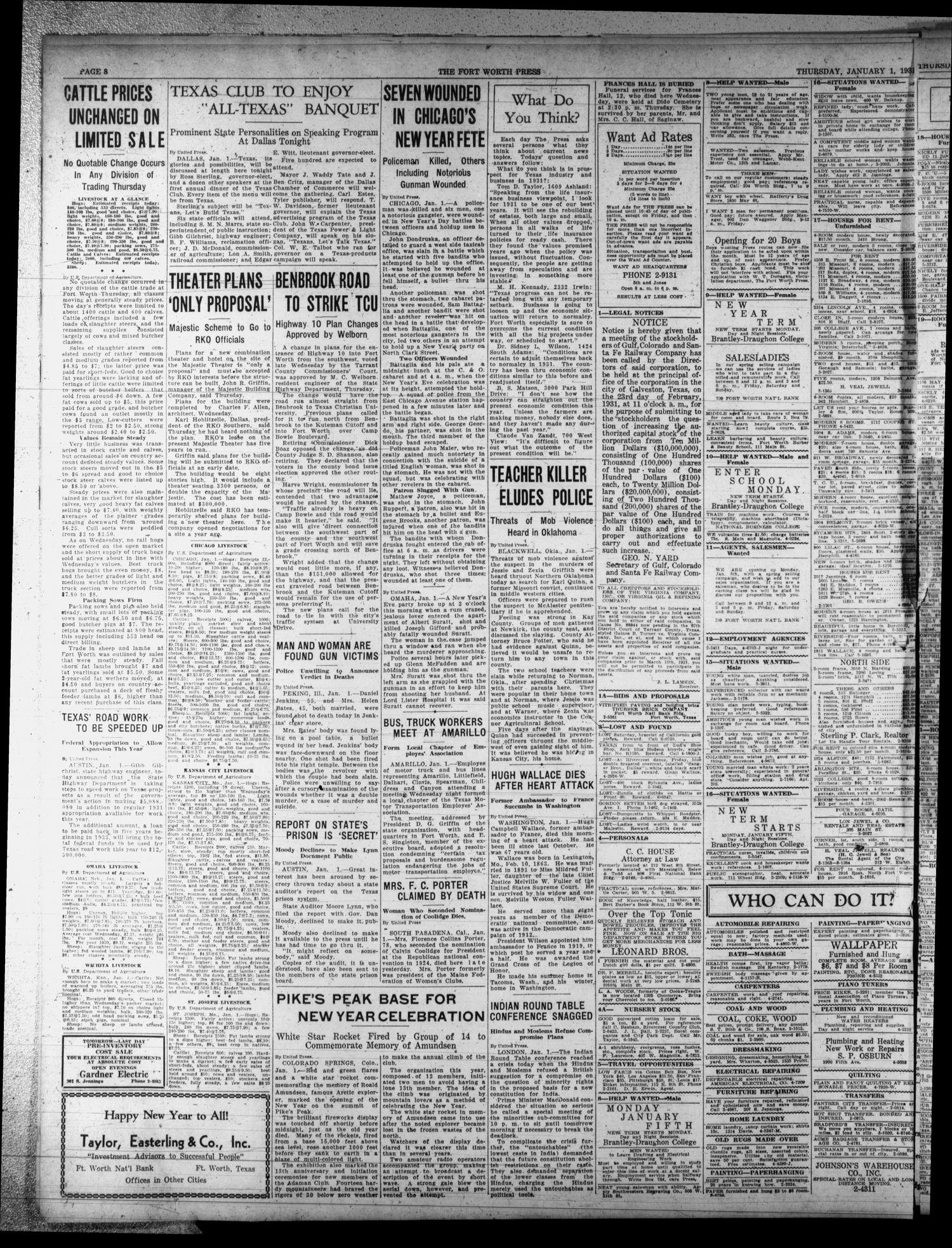 The Fort Worth Press (Fort Worth, Tex.), Vol. 10, No. 82, Ed. 1 Thursday, January 1, 1931
                                                
                                                    [Sequence #]: 8 of 10
                                                