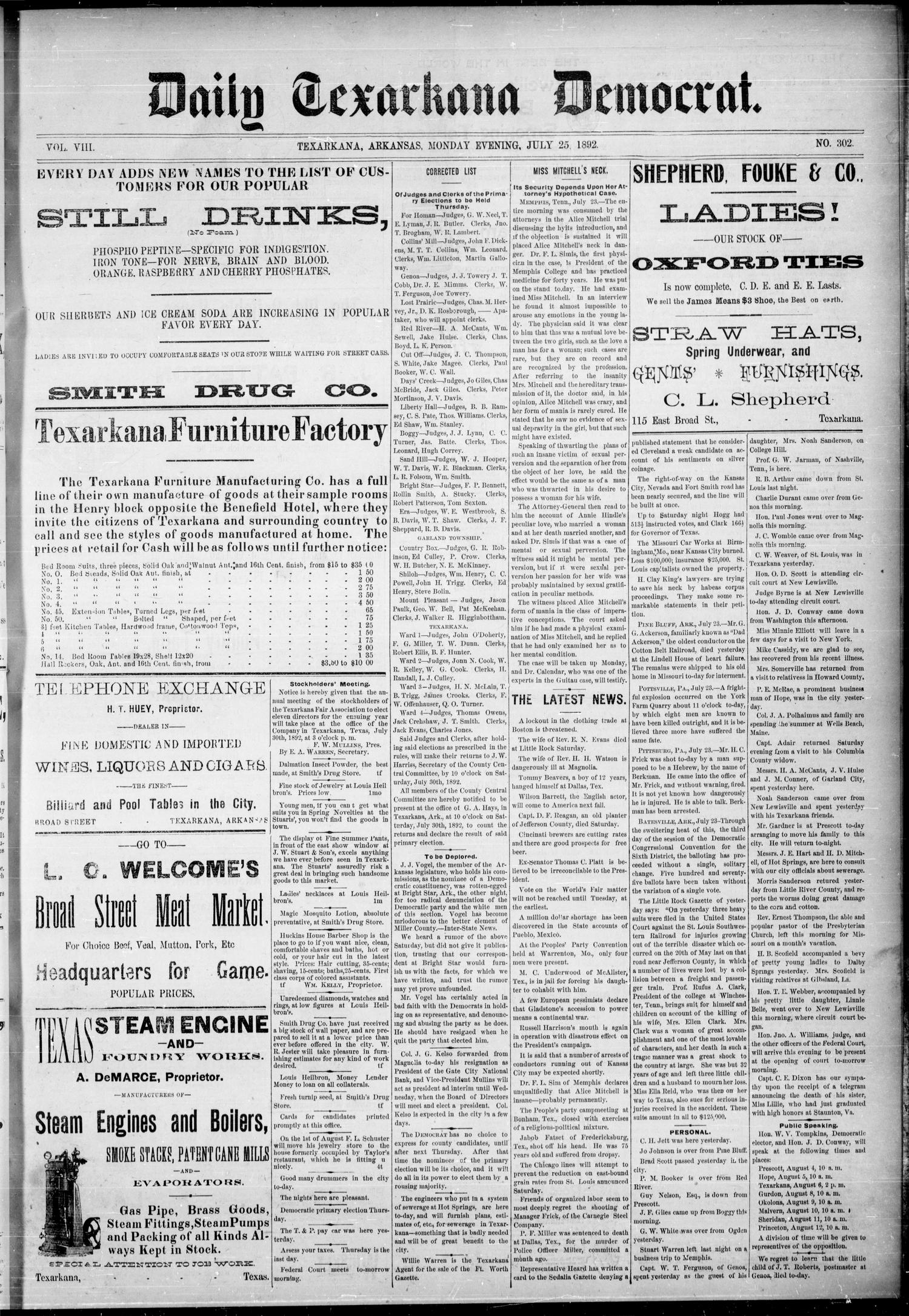 Daily Texarkana Democrat. (Texarkana, Ark.), Vol. 8, No. 302, Ed. 1 Monday, July 25, 1892
                                                
                                                    [Sequence #]: 1 of 4
                                                