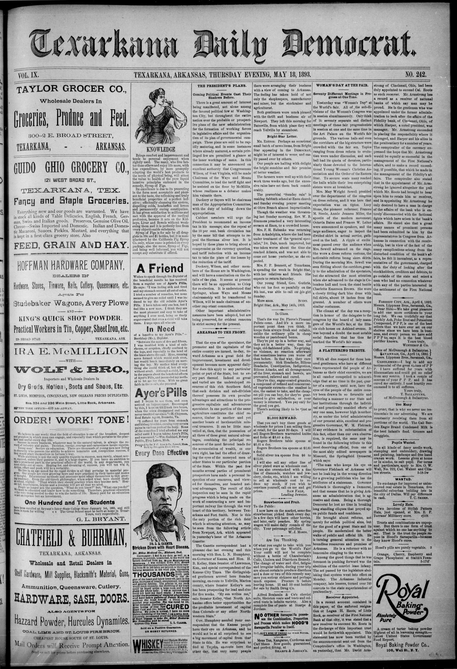 Texarkana Daily Democrat. (Texarkana, Ark.), Vol. 9, No. 242, Ed. 1 Thursday, May 18, 1893
                                                
                                                    [Sequence #]: 1 of 4
                                                