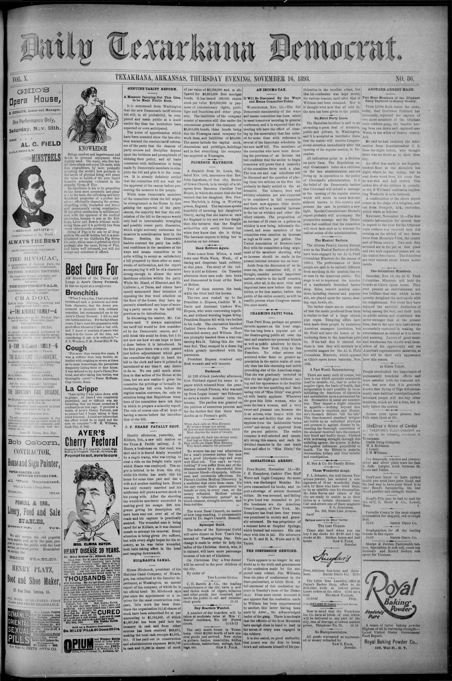 Daily Texarkana Democrat. (Texarkana, Ark.), Vol. 10, No. 86, Ed. 1 Thursday, November 16, 1893
                                                
                                                    [Sequence #]: 1 of 4
                                                