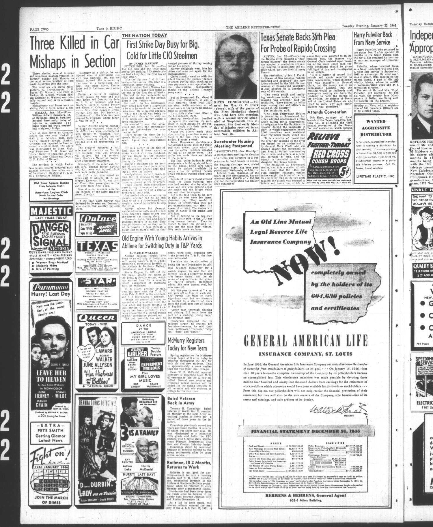 The Abilene Reporter-News (Abilene, Tex.), Vol. 65, No. 215, Ed. 2 Tuesday, January 22, 1946
                                                
                                                    [Sequence #]: 2 of 12
                                                