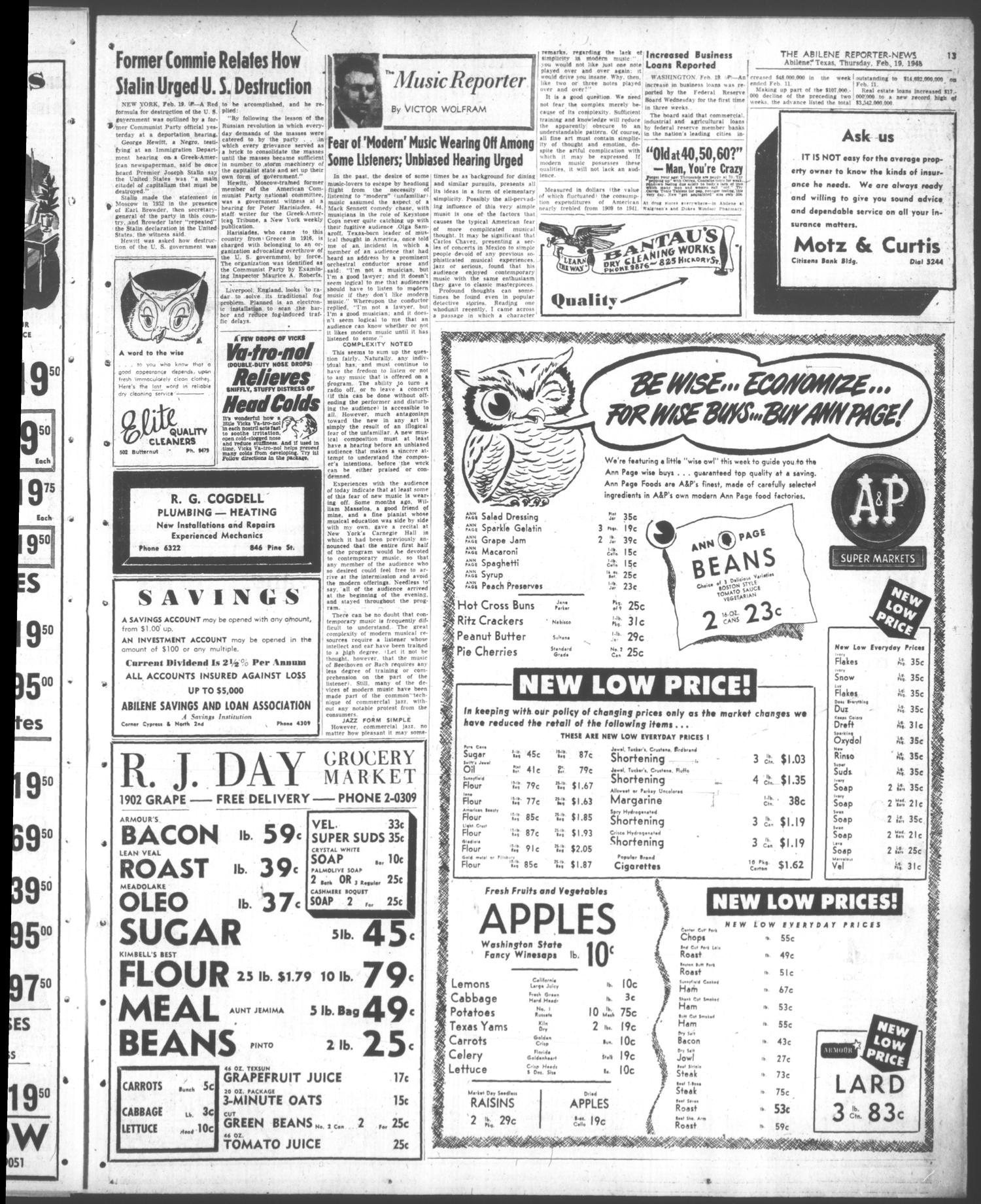 The Abilene Reporter-News (Abilene, Tex.), Vol. 67, No. 195, Ed. 2 Thursday, February 19, 1948
                                                
                                                    [Sequence #]: 13 of 20
                                                