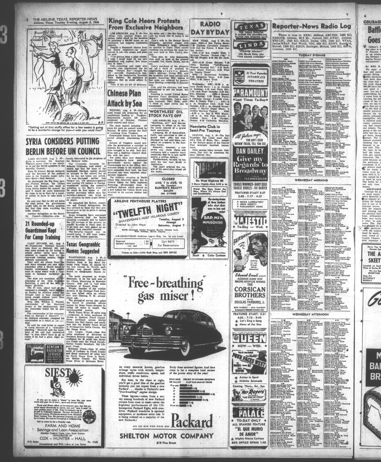 The Abilene Reporter-News (Abilene, Tex.), Vol. 67, No. 361, Ed. 2 Tuesday, August 3, 1948
                                                
                                                    [Sequence #]: 2 of 14
                                                