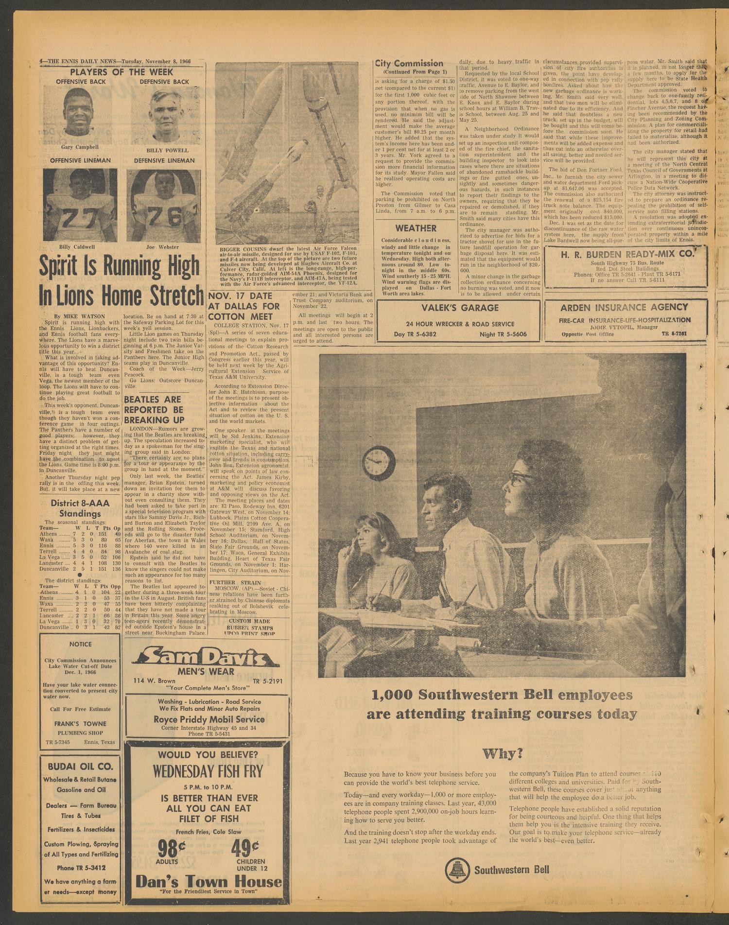 The Ennis Daily News (Ennis, Tex.), Vol. 76, No. 265, Ed. 1 Tuesday, November 8, 1966
                                                
                                                    [Sequence #]: 4 of 6
                                                