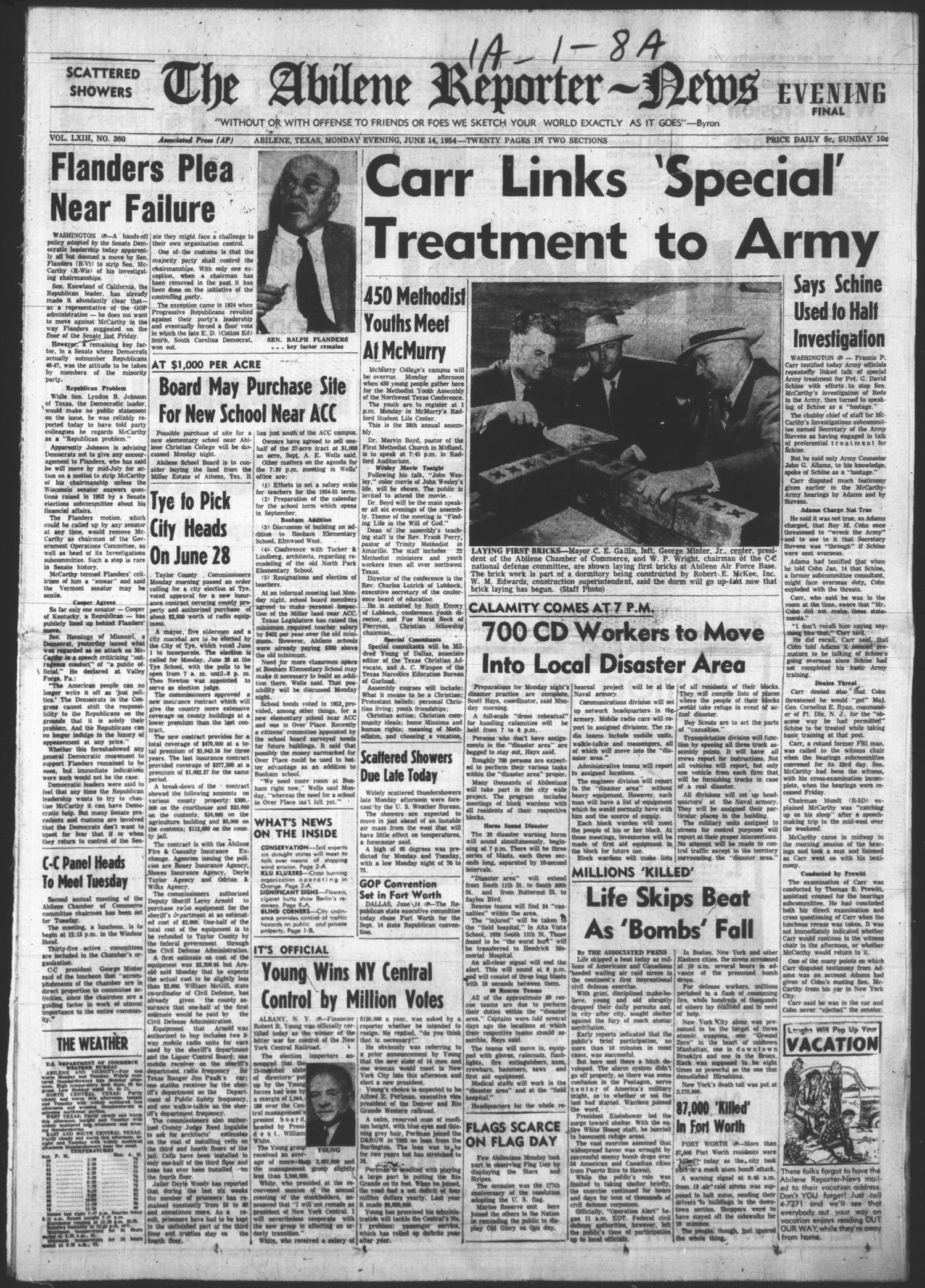 The Abilene Reporter-News (Abilene, Tex.), Vol. 63, No. 360, Ed. 2 Monday, June 14, 1954
                                                
                                                    [Sequence #]: 1 of 26
                                                