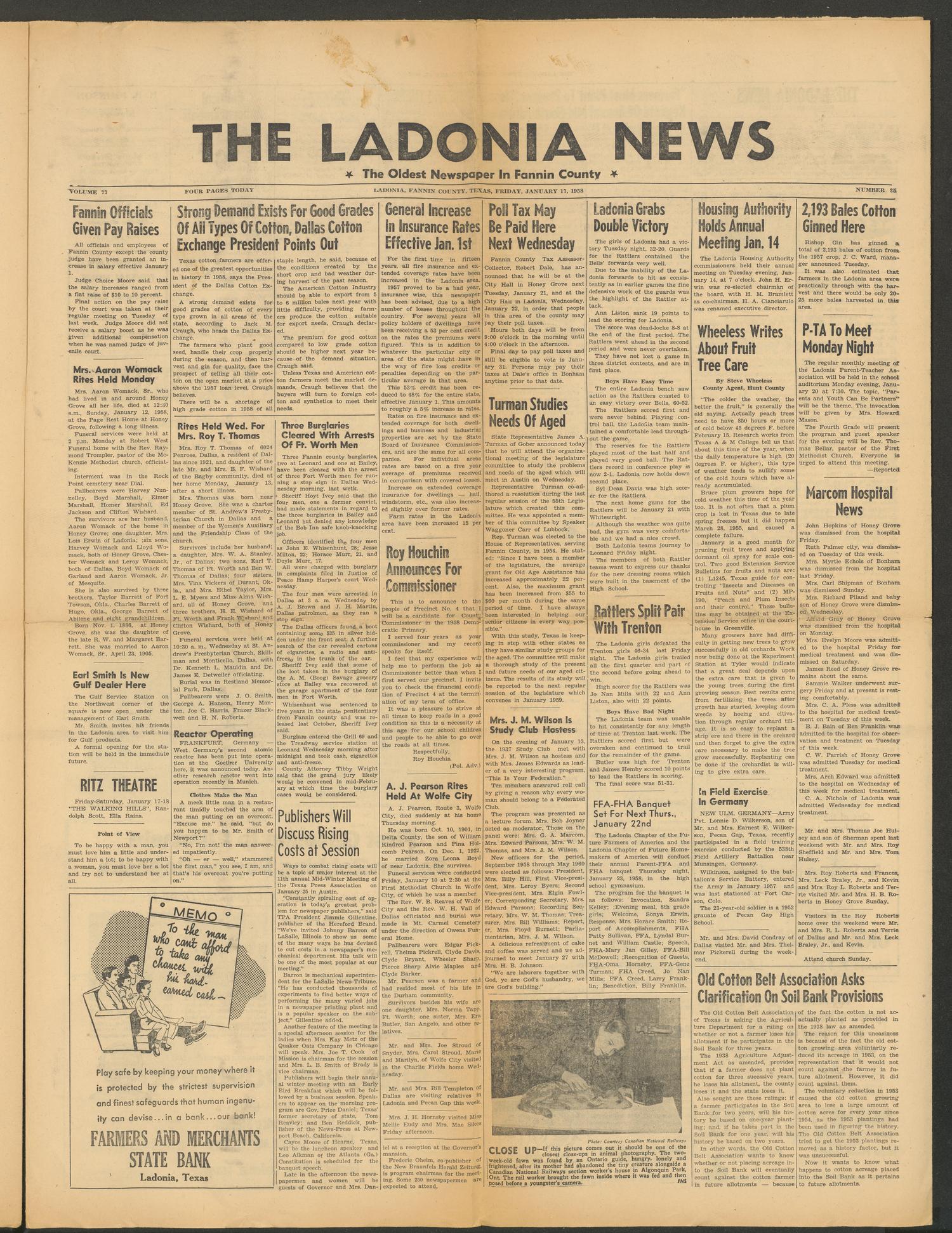 The Ladonia News (Ladonia, Tex.), Vol. 77, No. 35, Ed. 1 Friday, January 17, 1958
                                                
                                                    [Sequence #]: 1 of 4
                                                