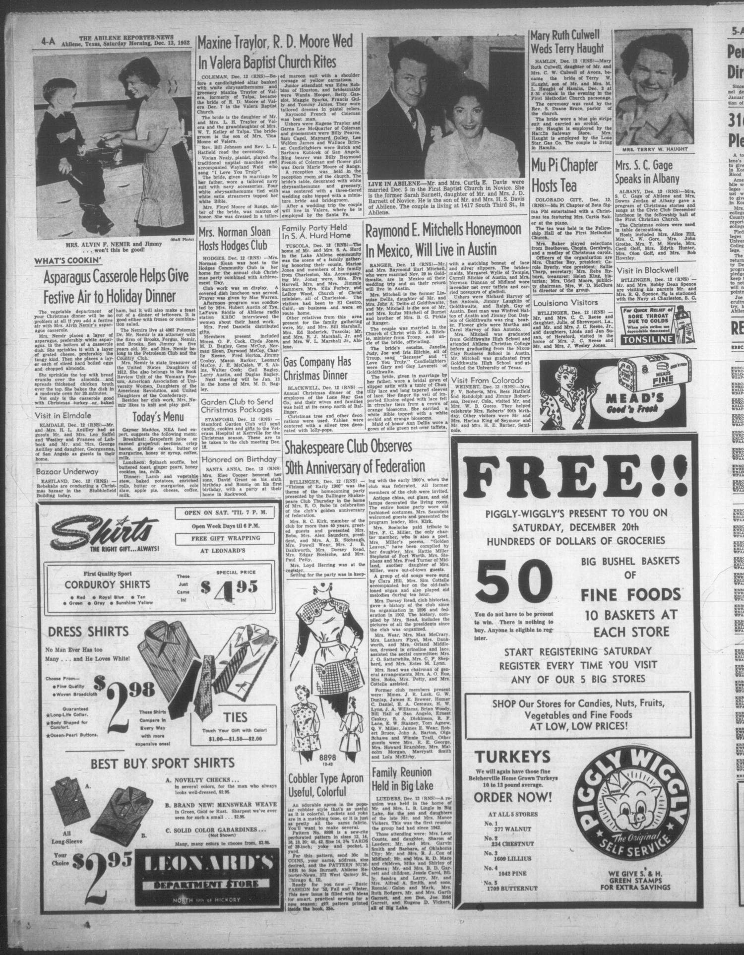 The Abilene Reporter-News (Abilene, Tex.), Vol. 72, No. 125, Ed. 1 Saturday, December 13, 1952
                                                
                                                    [Sequence #]: 4 of 18
                                                
