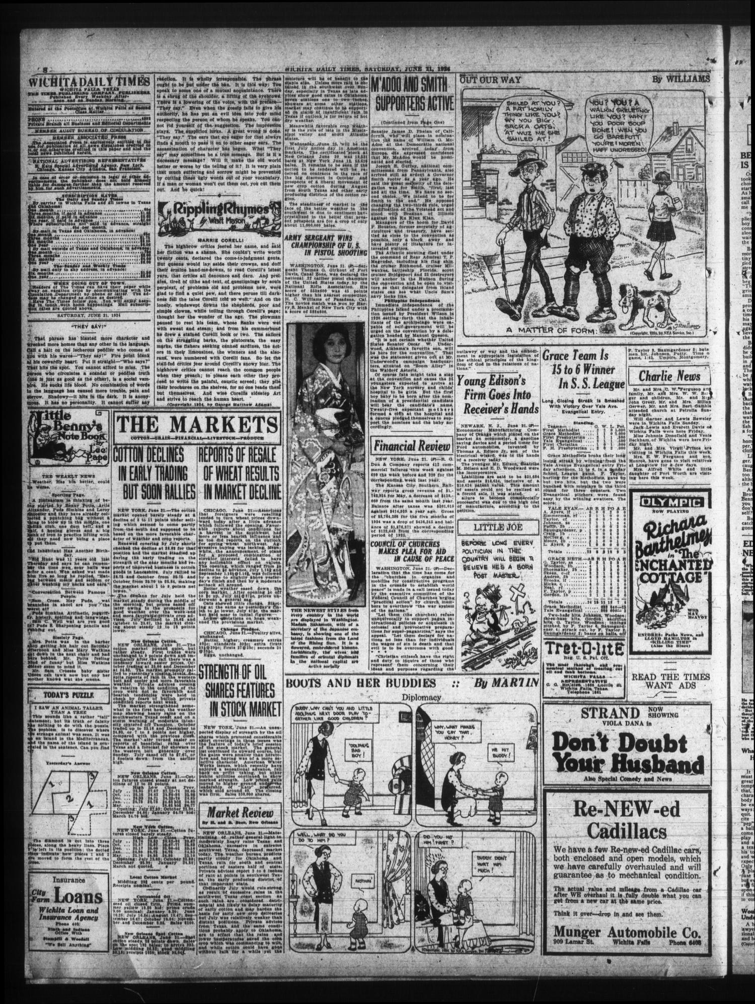 Wichita Daily Times (Wichita Falls, Tex.), Vol. 18, No. 39, Ed. 1 Saturday, June 21, 1924
                                                
                                                    [Sequence #]: 4 of 8
                                                