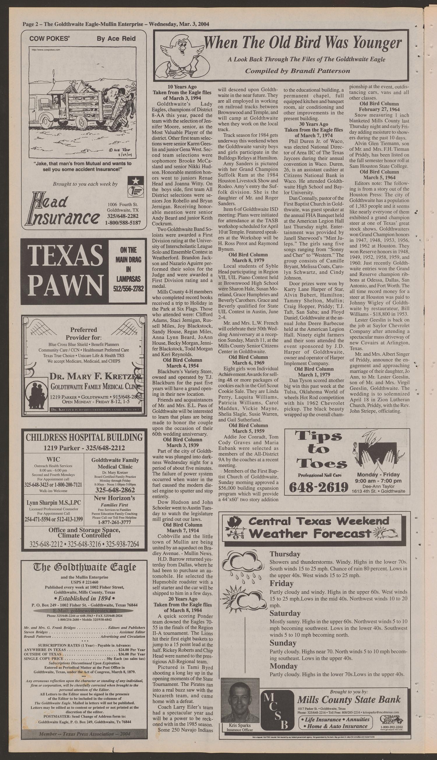 The Goldthwaite Eagle (Goldthwaite, Tex.), Vol. 108, No. 34, Ed. 1 Wednesday, March 3, 2004
                                                
                                                    [Sequence #]: 2 of 18
                                                