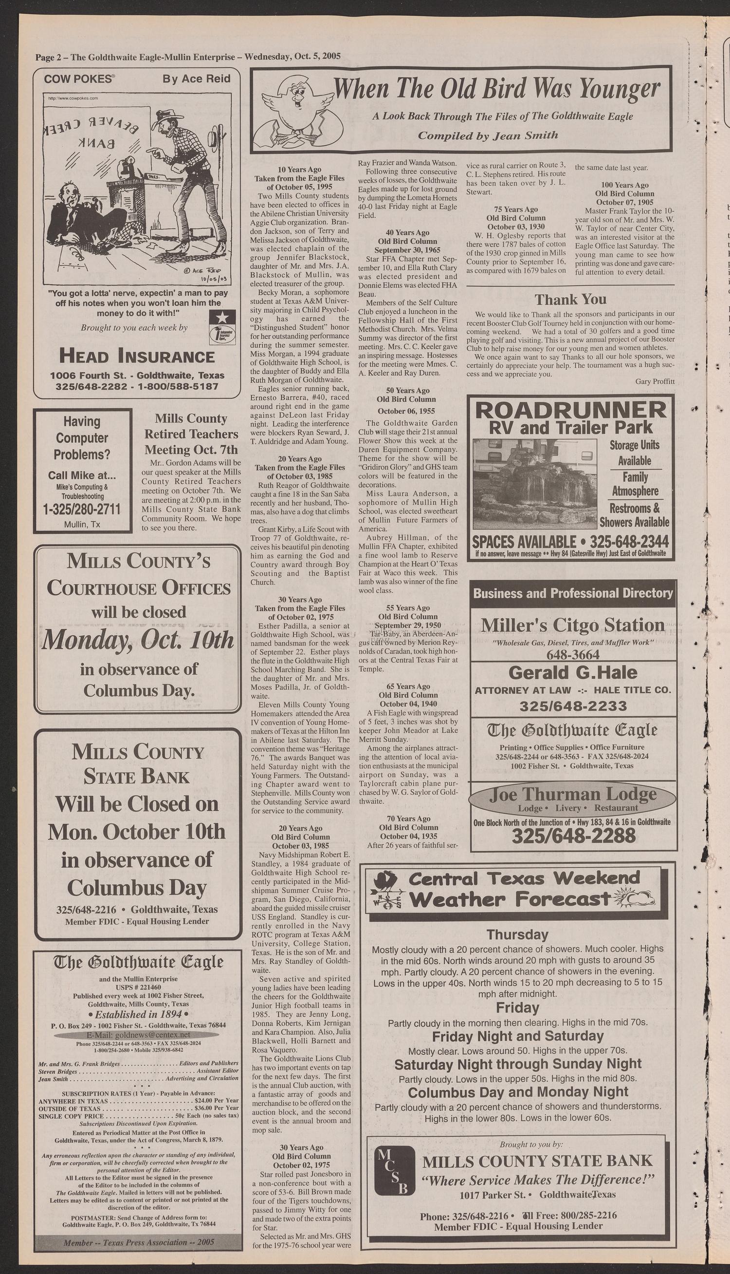 The Goldthwaite Eagle (Goldthwaite, Tex.), Vol. 109, No. 12, Ed. 1 Wednesday, October 5, 2005
                                                
                                                    [Sequence #]: 2 of 22
                                                