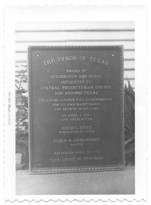 Primary view of object titled '[Presbyterian Merit Plaque]'.