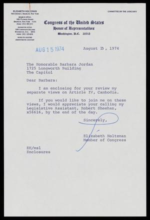 [Letter from Elizabeth Holtzman to Barbara Jordan, August 15, 1974]