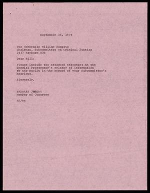 [Letter from Barbara Jordan to William Hungate, September 25, 1974]