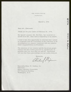 Primary view of object titled '[Letter from Richard Nixon to Peter W. Rodino, Jr., March 5, 1974]'.