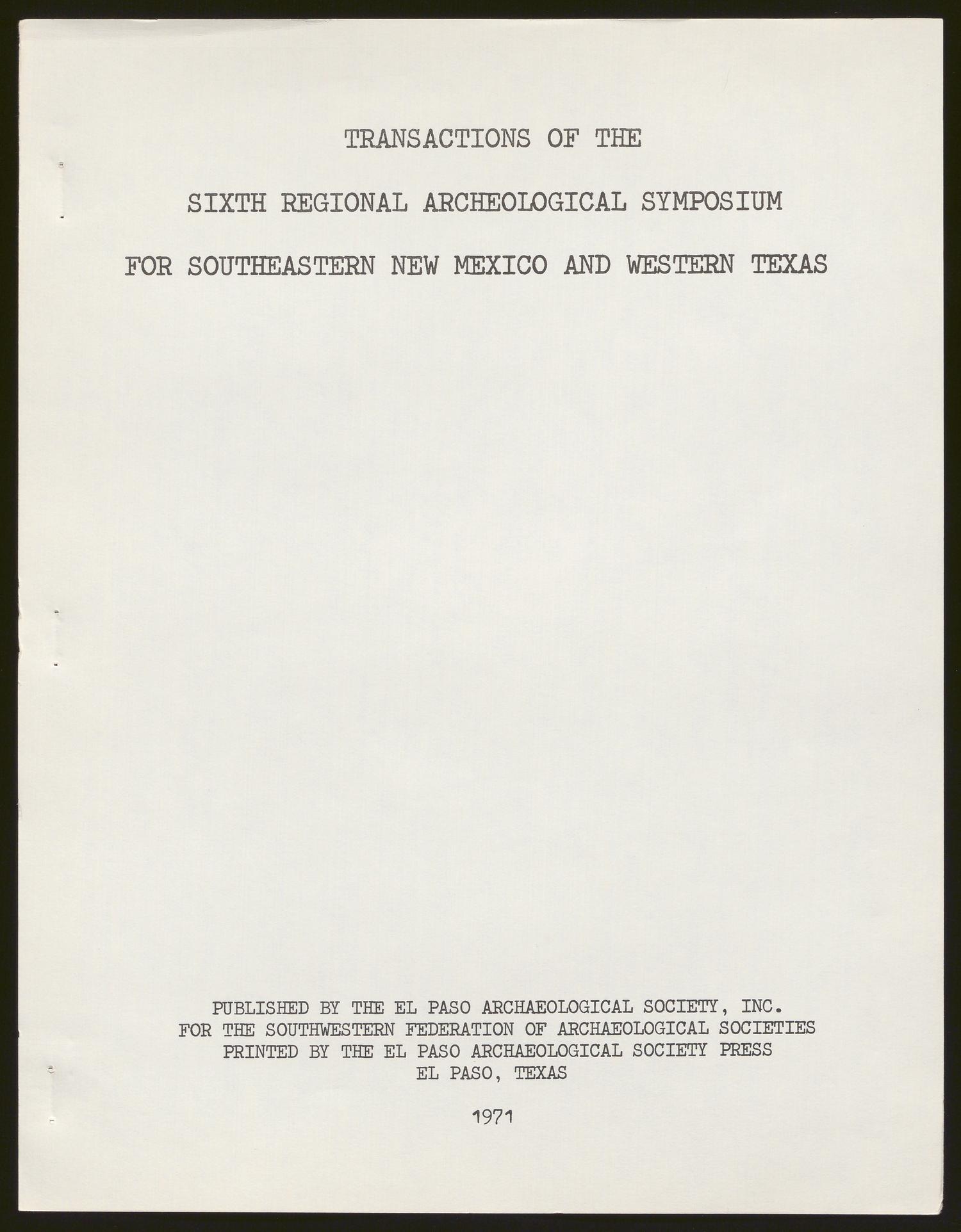 Transactions of the Regional Archeological Symposium for Southeastern New Mexico and Western Texas: 1970
                                                
                                                    Title Page
                                                