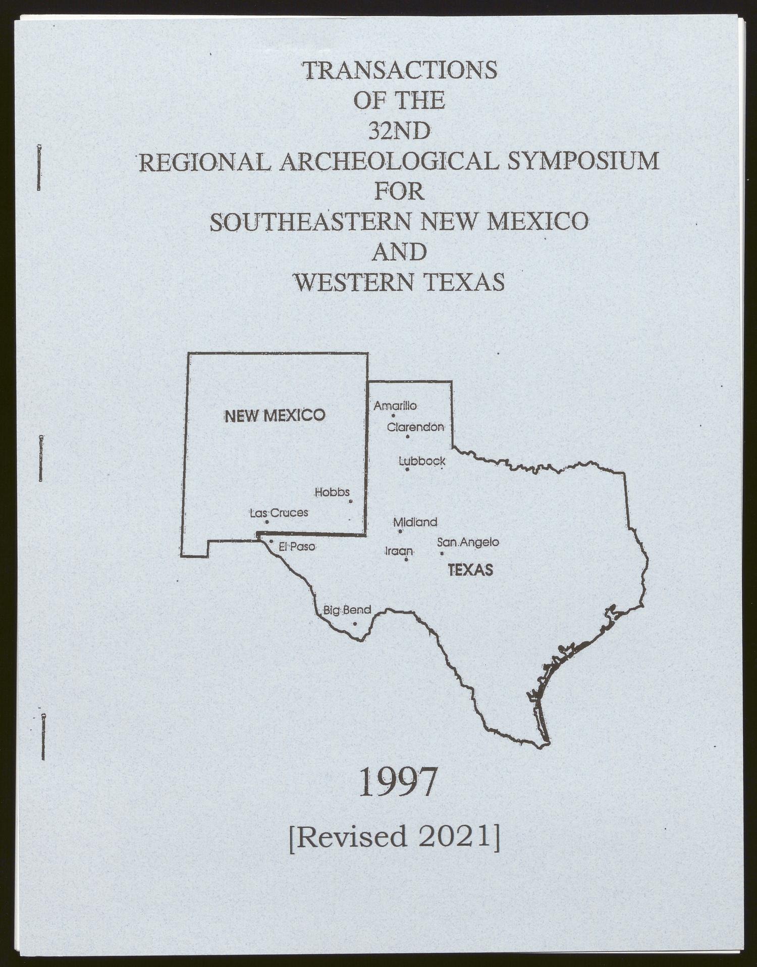 Transactions of the Regional Archeological Symposium for Southeastern New Mexico and Western Texas: 1996
                                                
                                                    Front Cover
                                                