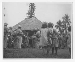 [Servicemen Playing Instruments in Front of Hut]