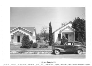 Primary view of object titled '[Car Parked in Front of Two Church Buildings]'.