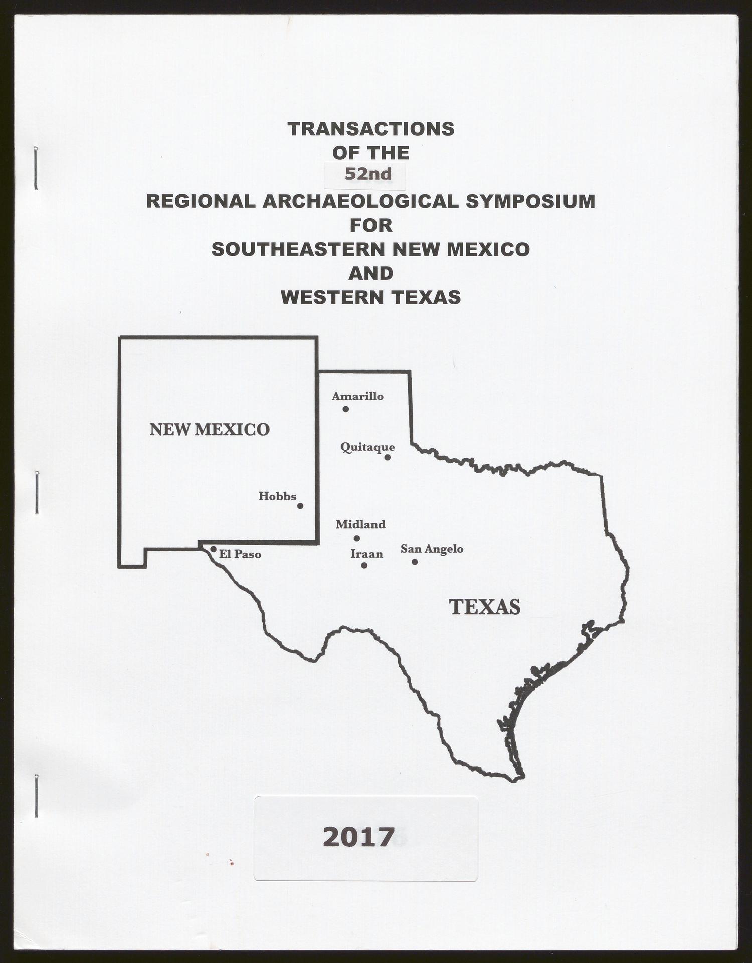 Transactions of the Regional Archeological Symposium for Southeastern New Mexico and Western Texas: 2016
                                                
                                                    Front Cover
                                                