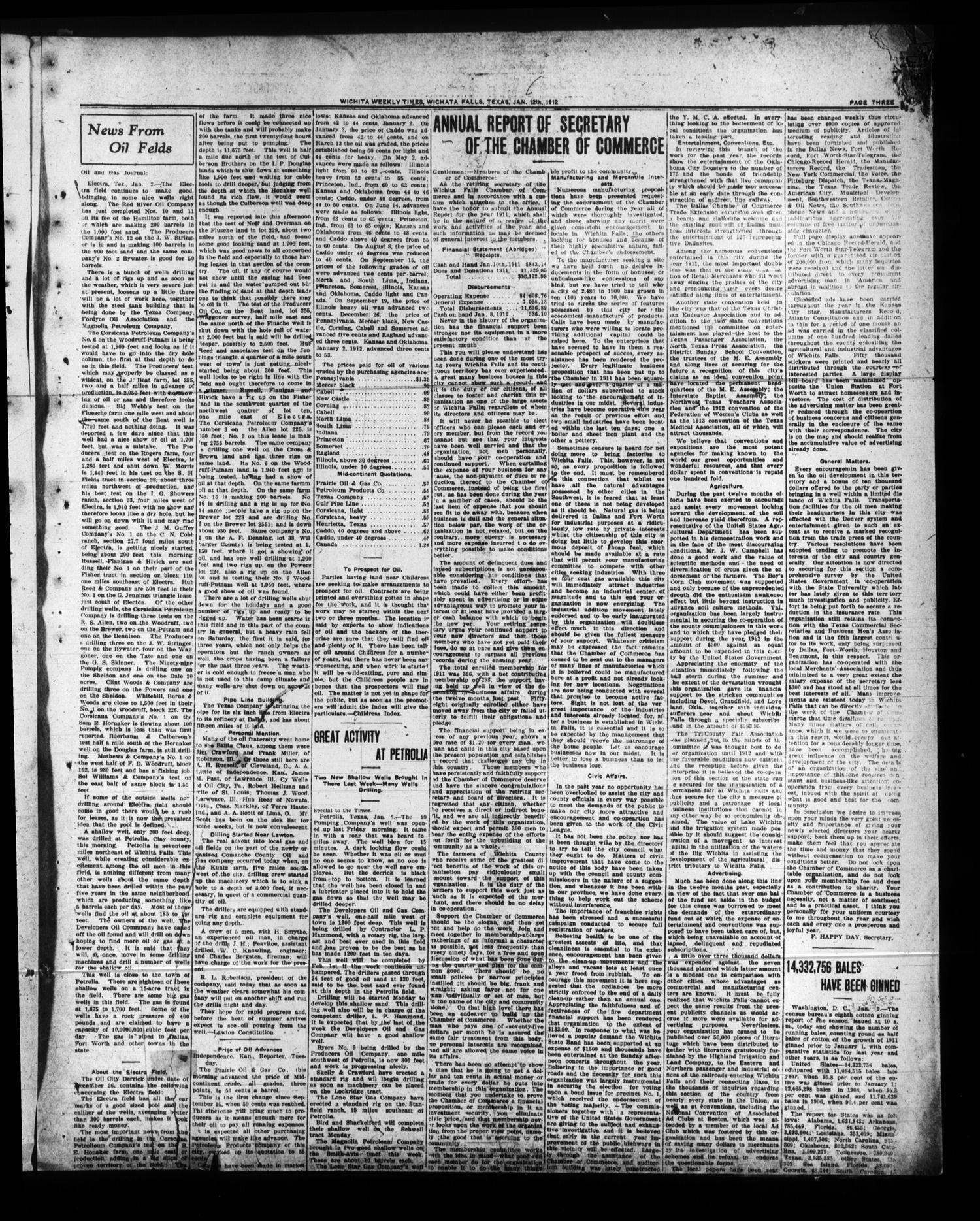 Wichita Weekly Times. (Wichita Falls, Tex.), Vol. 22, No. 31, Ed. 1 Friday, January 12, 1912
                                                
                                                    [Sequence #]: 3 of 6
                                                