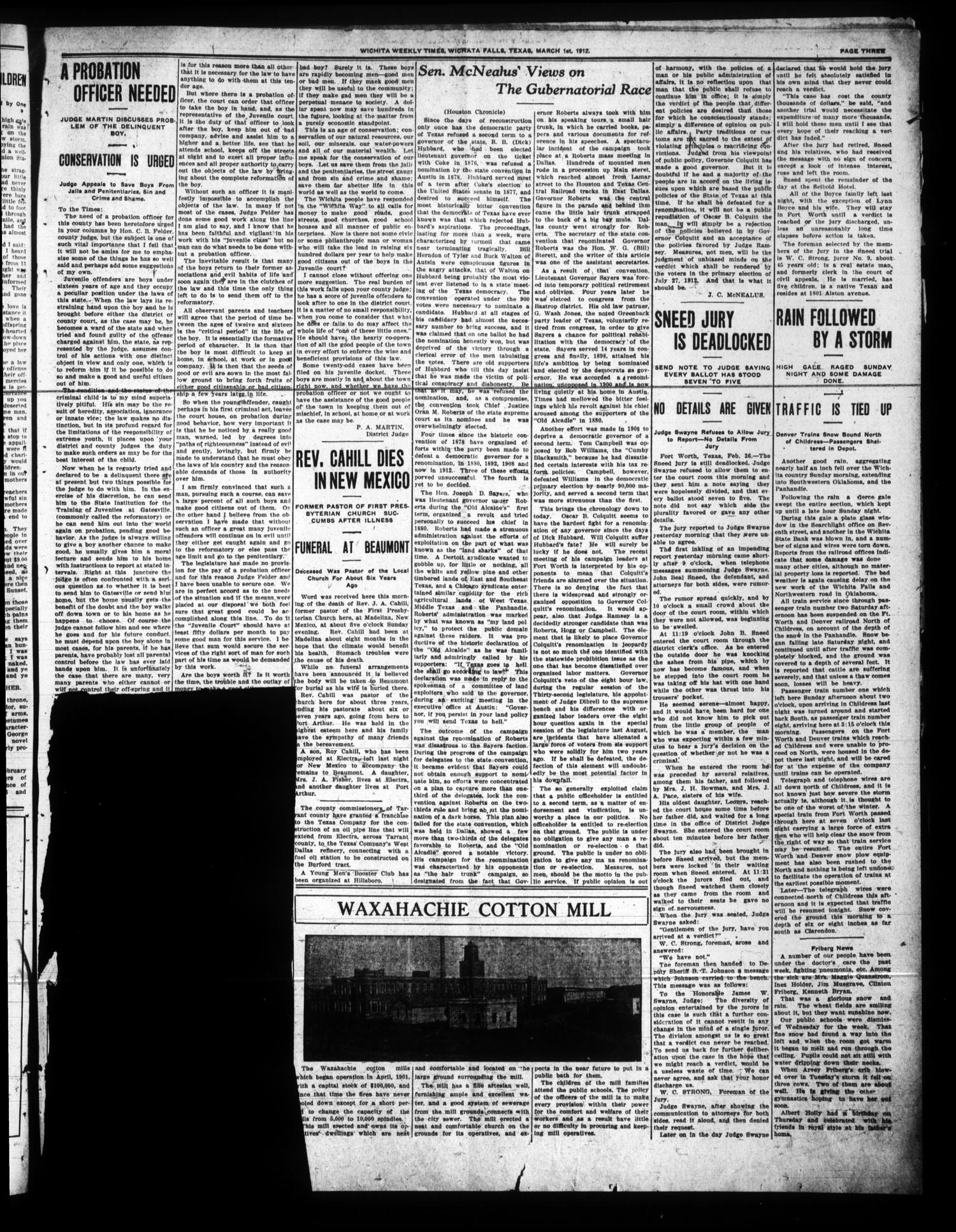 Wichita Weekly Times. (Wichita Falls, Tex.), Vol. 12, No. [37], Ed. 1 Friday, March 1, 1912
                                                
                                                    [Sequence #]: 3 of 8
                                                