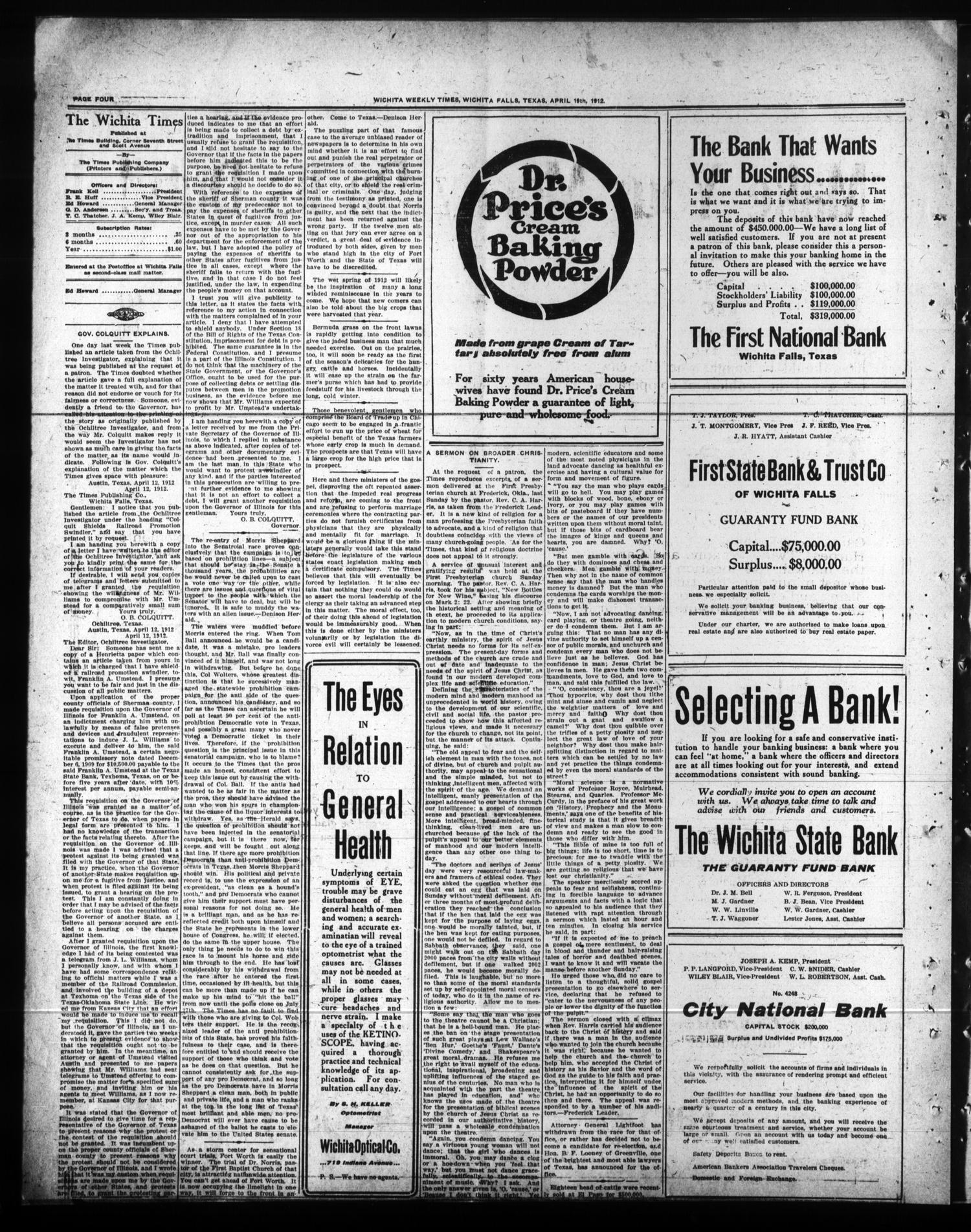 Wichita Weekly Times. (Wichita Falls, Tex.), Vol. 12, No. 43, Ed. 1 Friday, April 19, 1912
                                                
                                                    [Sequence #]: 4 of 8
                                                