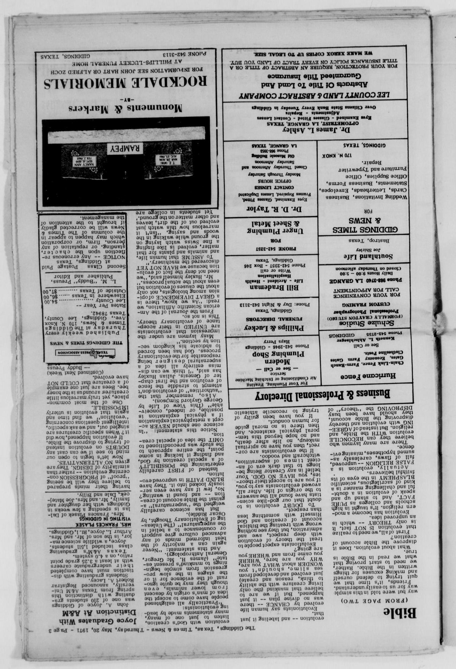 The Giddings Times & News (Giddings, Tex.), Vol. 81, No. 44, Ed. 1 Thursday, May 20, 1971
                                                
                                                    [Sequence #]: 3 of 32
                                                