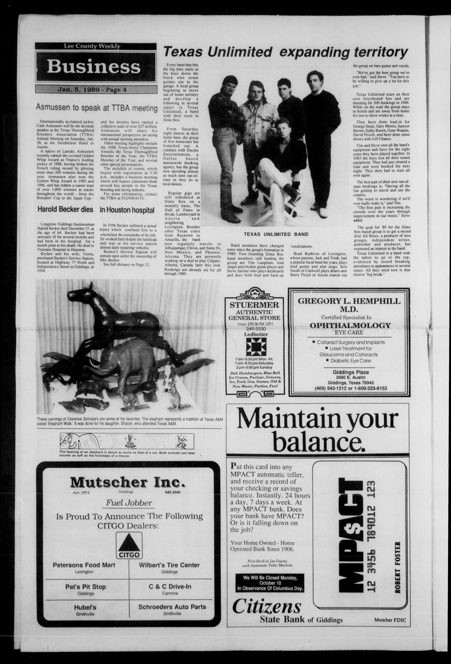 Lee County Weekly (Giddings, Tex.), Vol. 4, No. 6, Ed. 1 Thursday, January 5, 1989
                                                
                                                    [Sequence #]: 4 of 14
                                                
