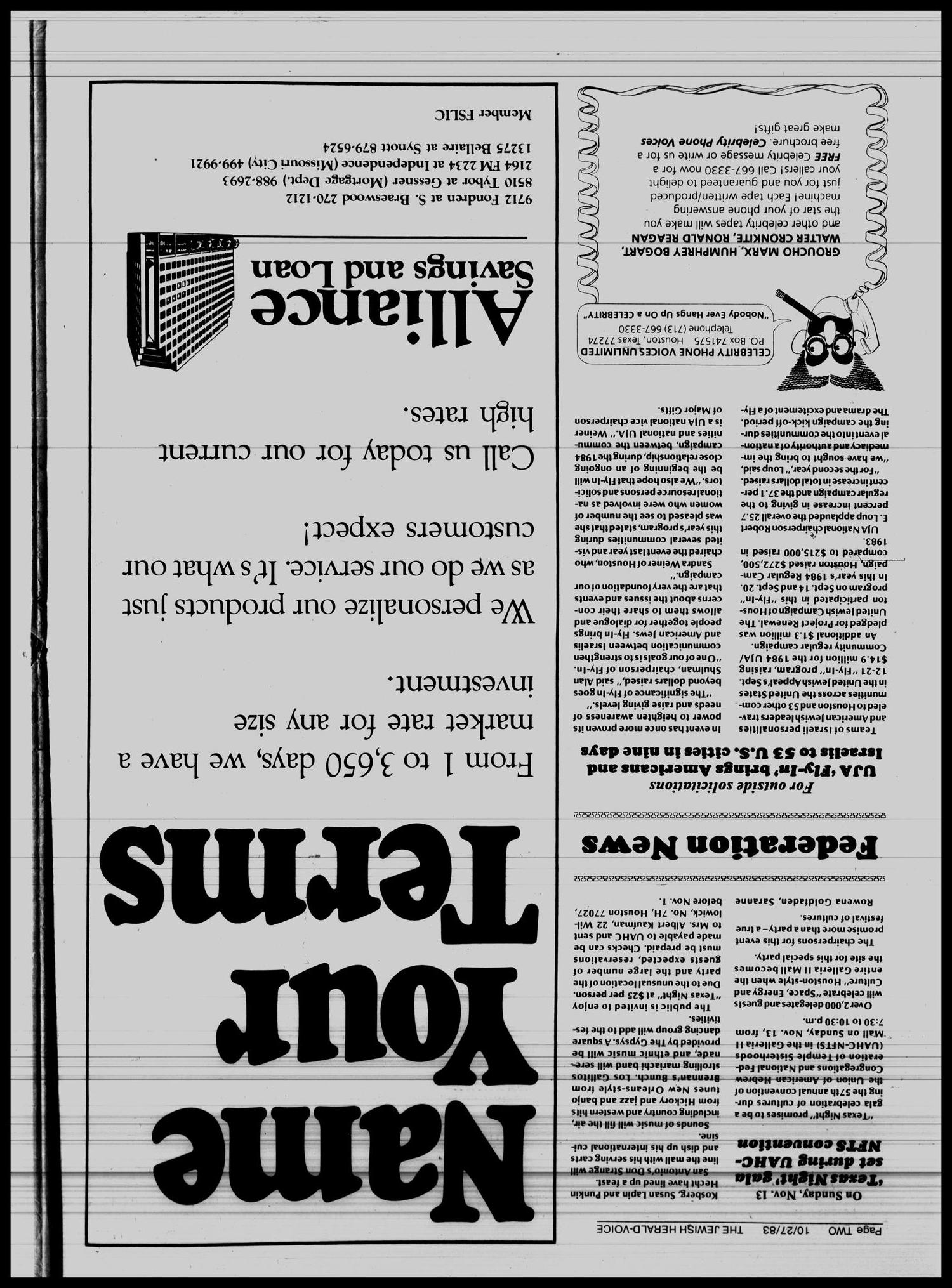 Jewish Herald-Voice (Houston, Tex.), Vol. 75, No. 33, Ed. 1 Thursday, October 27, 1983
                                                
                                                    [Sequence #]: 2 of 36
                                                