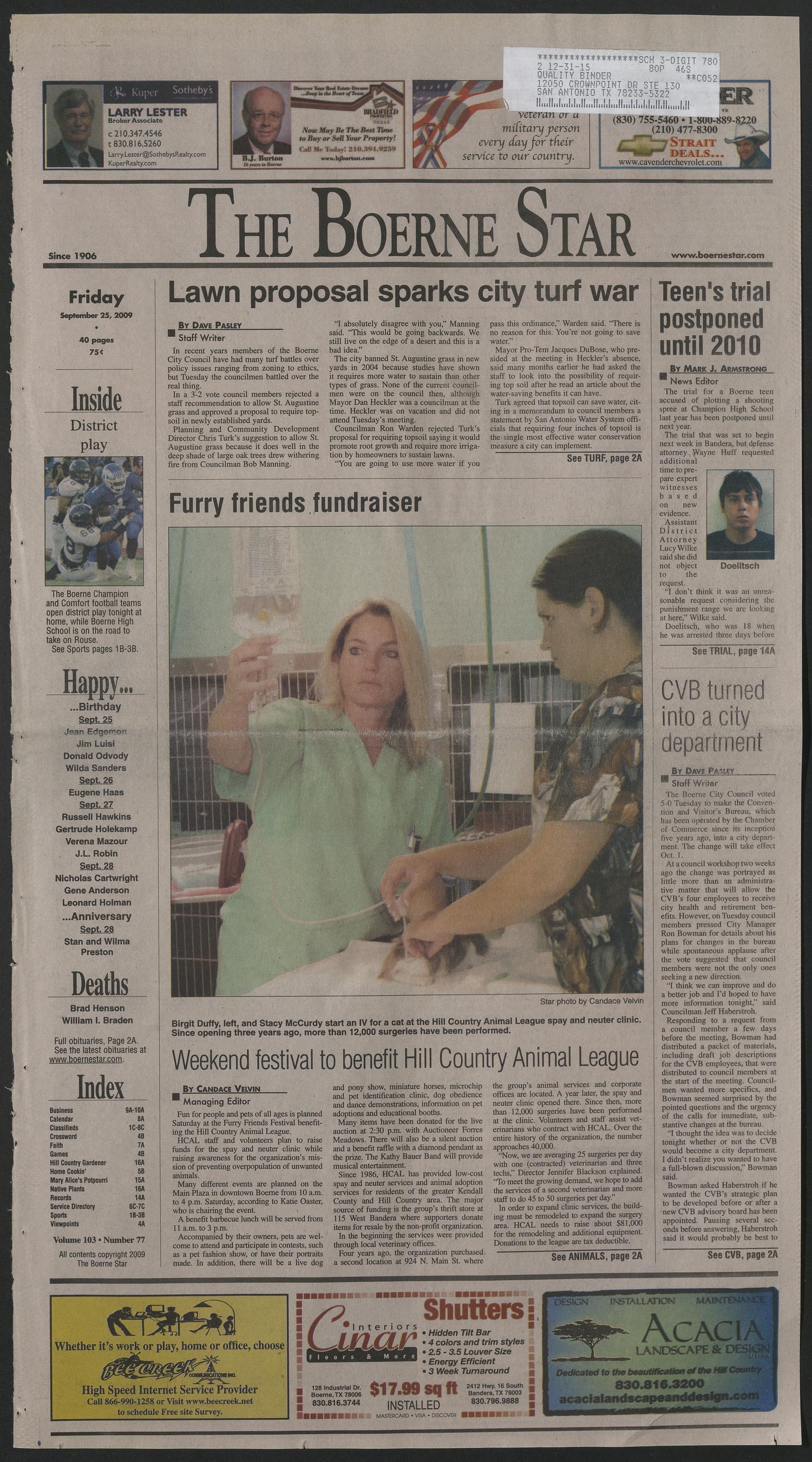 The Boerne Star (Boerne, Tex.), Vol. 103, No. 77, Ed. 1 Friday, September 25, 2009
                                                
                                                    [Sequence #]: 1 of 38
                                                