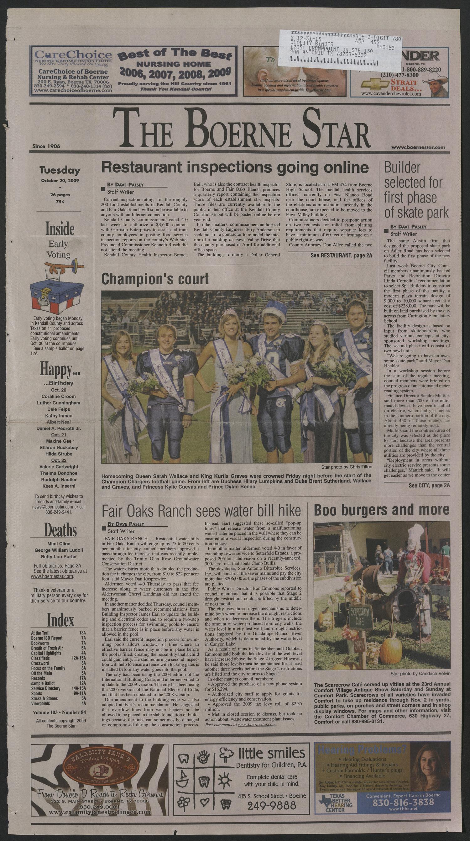 The Boerne Star (Boerne, Tex.), Vol. 103, No. 84, Ed. 1 Tuesday, October 20, 2009
                                                
                                                    [Sequence #]: 1 of 26
                                                