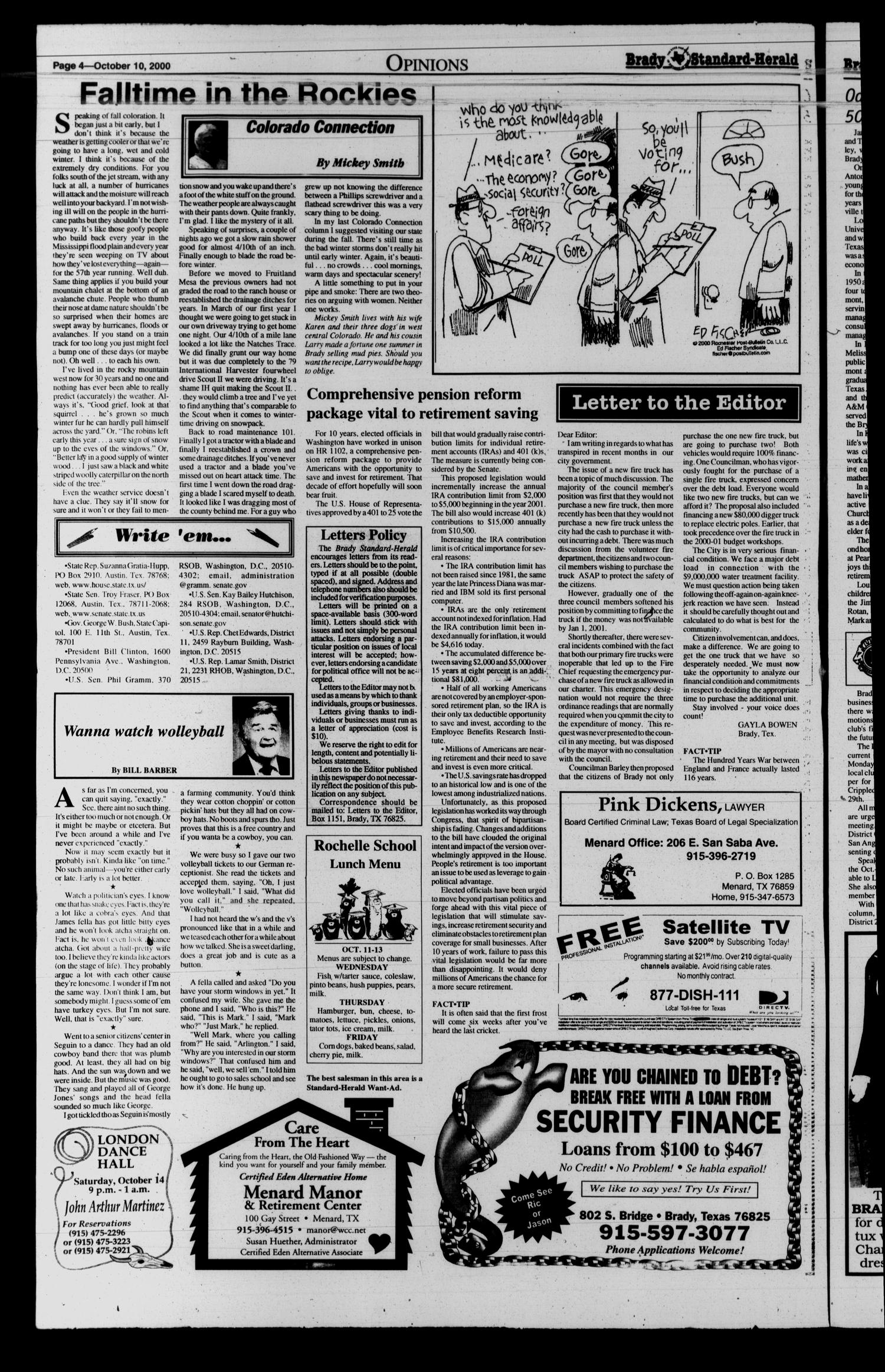 Brady Standard-Herald and Heart O' Texas News (Brady, Tex.), Ed. 1 Tuesday, October 10, 2000
                                                
                                                    [Sequence #]: 4 of 12
                                                