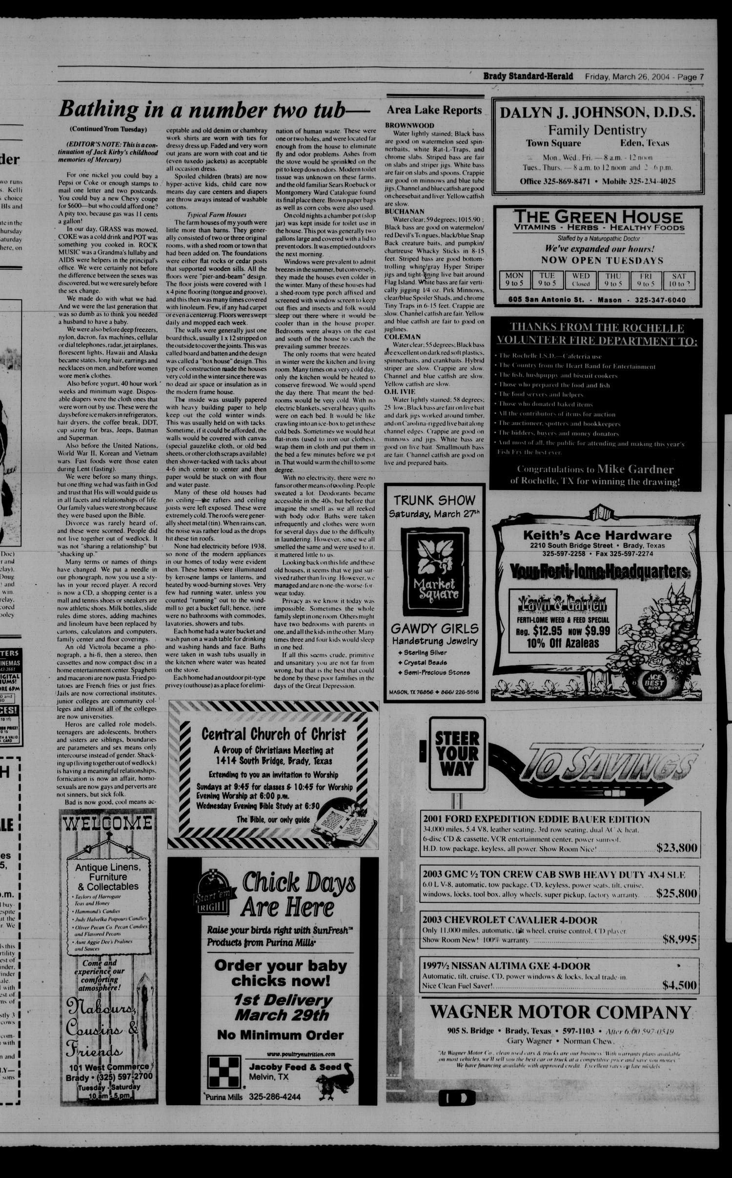 Brady Standard-Herald and Heart O' Texas News (Brady, Tex.), Ed. 1 Friday, March 26, 2004
                                                
                                                    [Sequence #]: 7 of 12
                                                