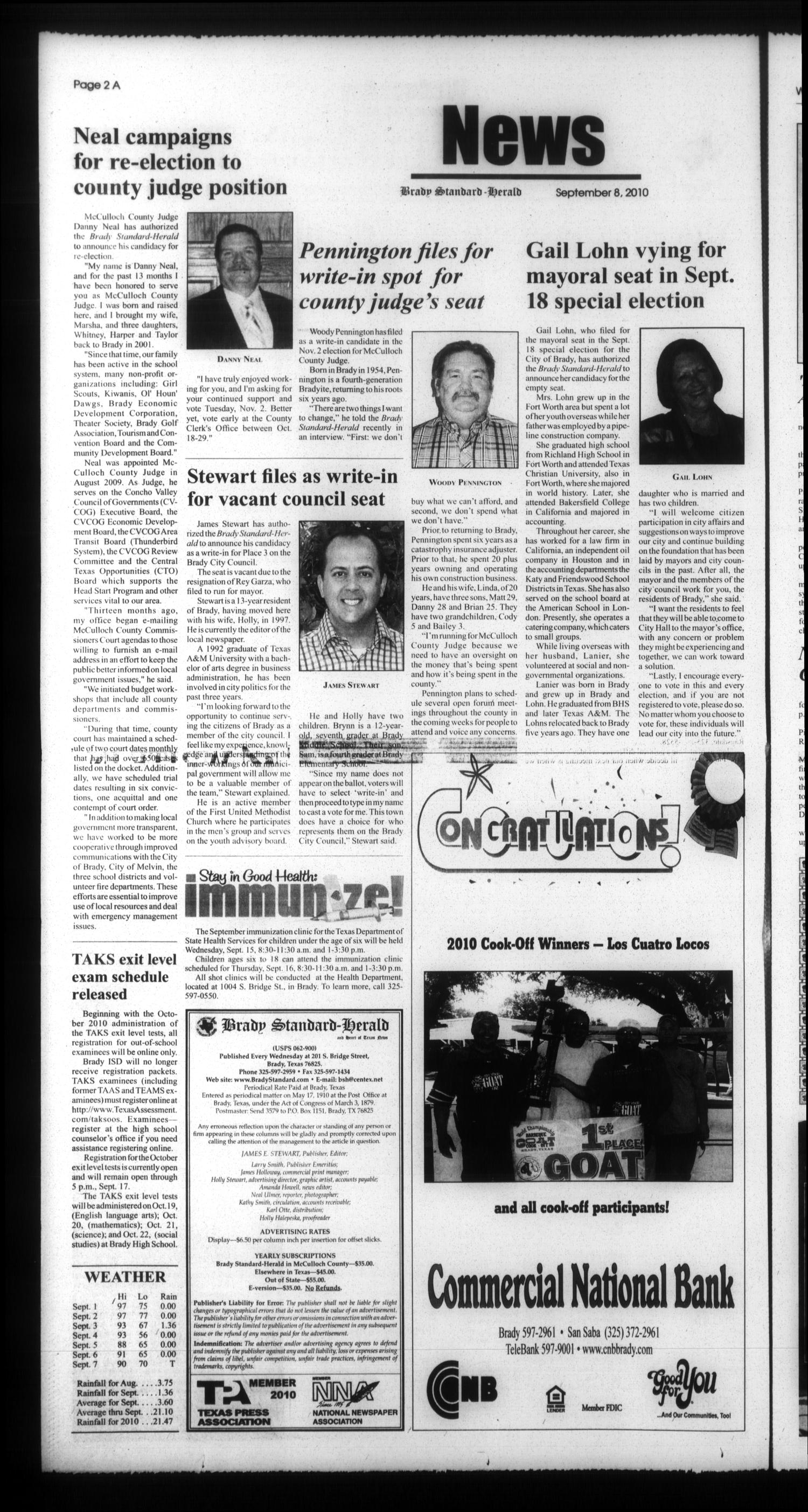 Brady Standard-Herald and Heart of Texas News (Brady, Tex.), Ed. 1 Wednesday, September 8, 2010
                                                
                                                    [Sequence #]: 2 of 22
                                                