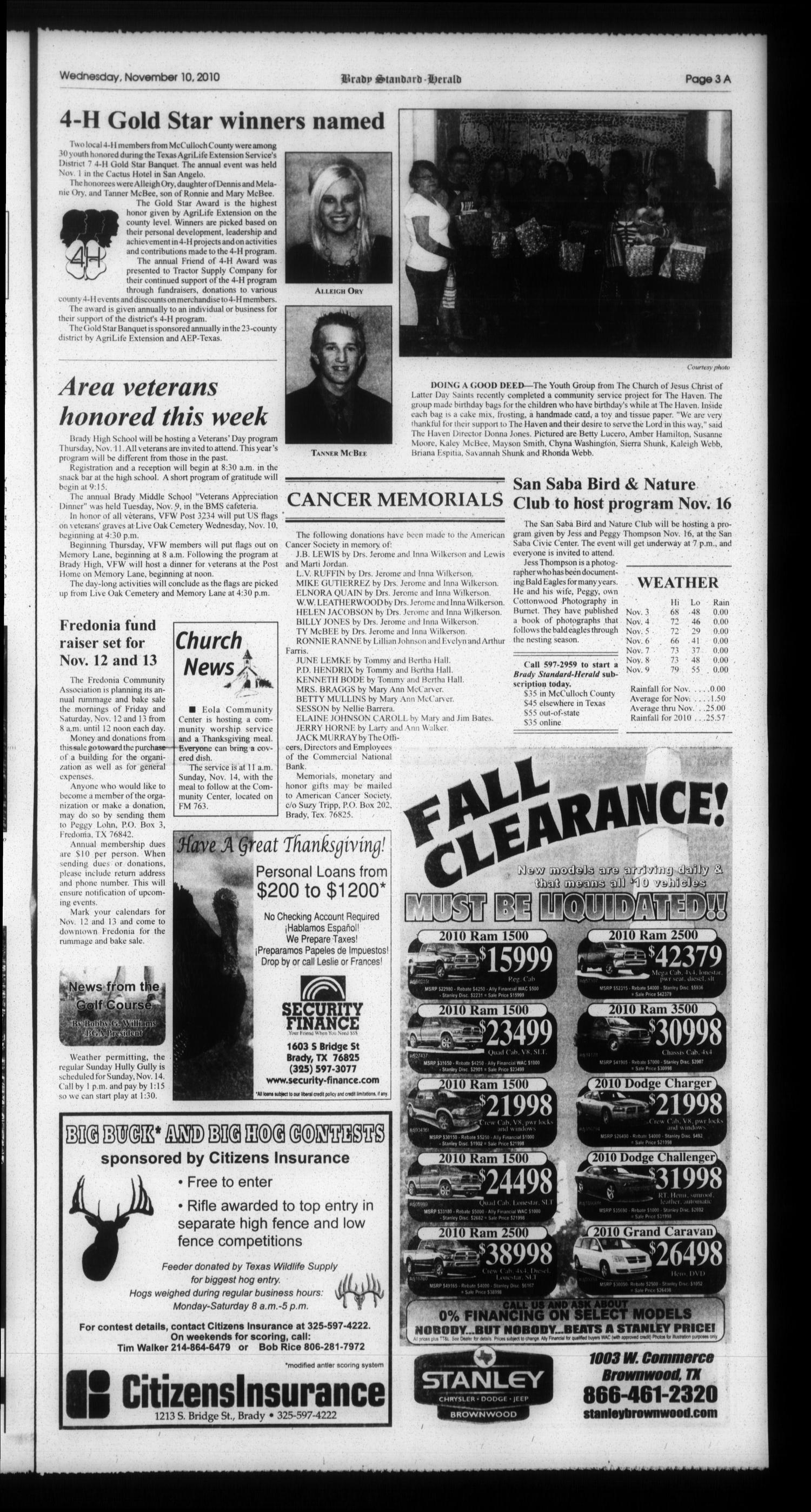 Brady Standard-Herald and Heart of Texas News (Brady, Tex.), Ed. 1 Wednesday, November 10, 2010
                                                
                                                    [Sequence #]: 3 of 20
                                                