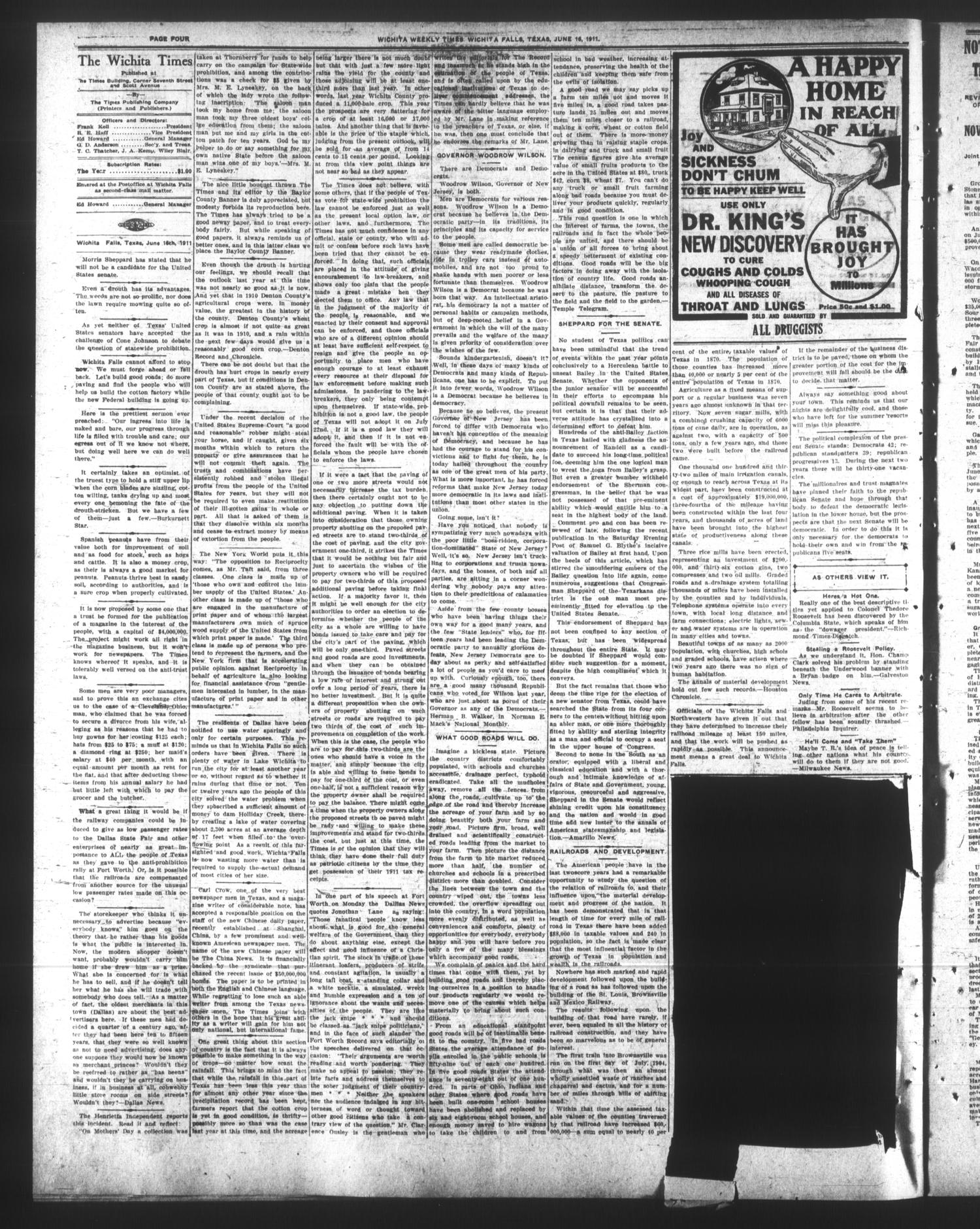 Wichita Weekly Times. (Wichita Falls, Tex.), Vol. 21, No. 52, Ed. 1 Friday, June 16, 1911
                                                
                                                    [Sequence #]: 4 of 6
                                                