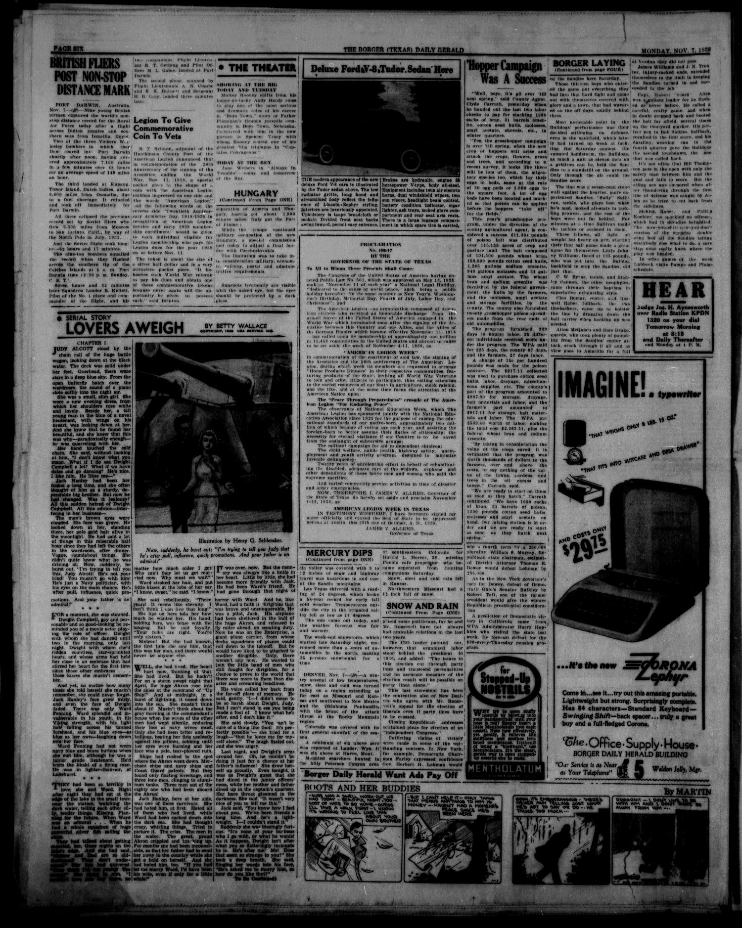 Borger Daily Herald (Borger, Tex.), Vol. 12, No. 302, Ed. 1 Monday, November 7, 1938
                                                
                                                    [Sequence #]: 6 of 6
                                                