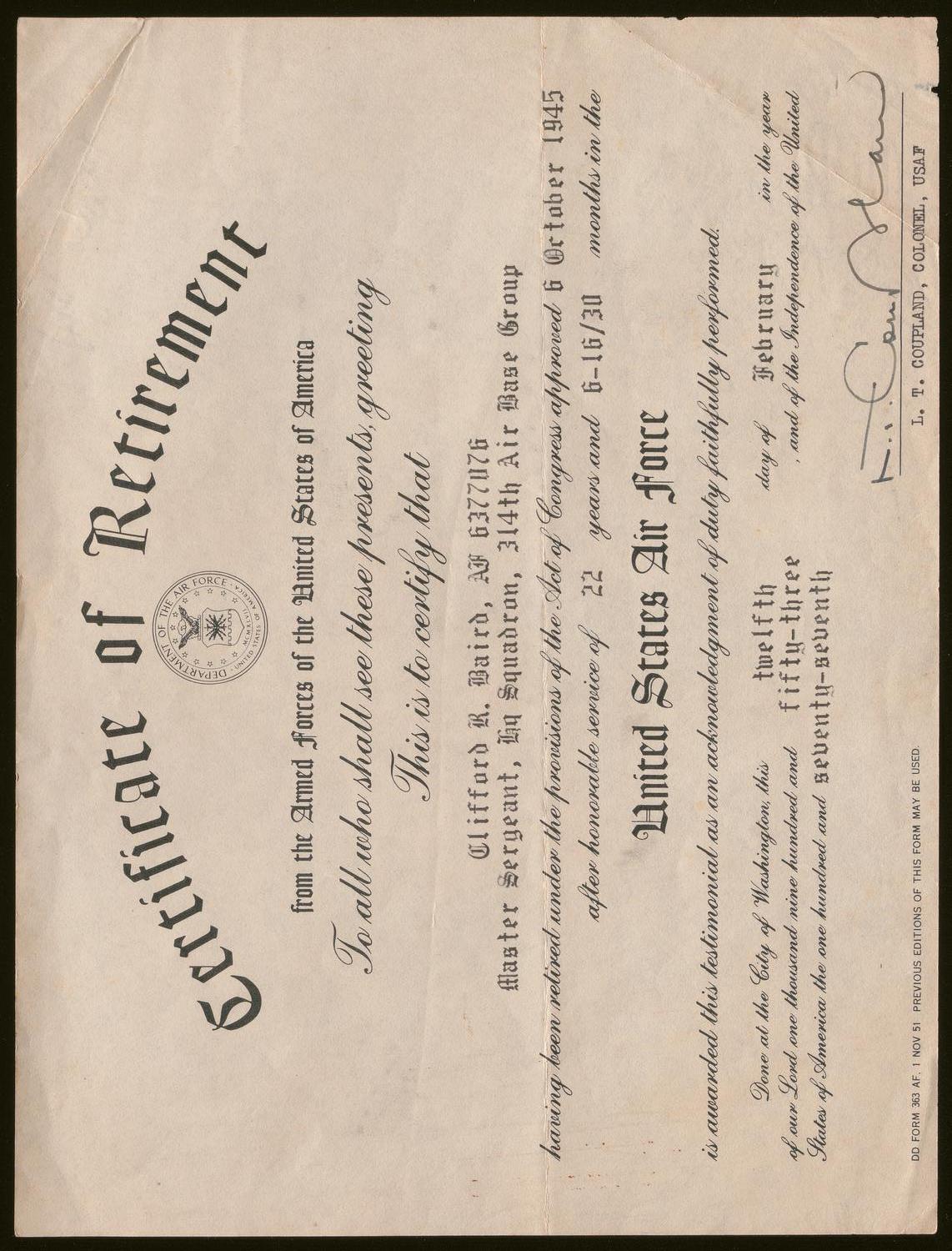 [Retirement Certificate]
                                                
                                                    [Sequence #]: 1 of 2
                                                