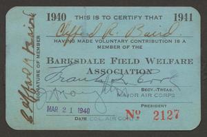 Primary view of object titled '[Barksdale Field Welfare Association Membership Card, March 21, 1940]'.
