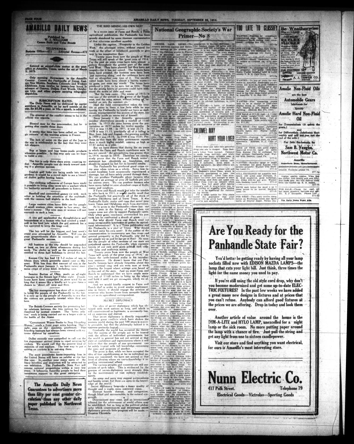 Amarillo Daily News (Amarillo, Tex.), Vol. 4, No. 277, Ed. 1 Tuesday, September 22, 1914
                                                
                                                    [Sequence #]: 4 of 6
                                                