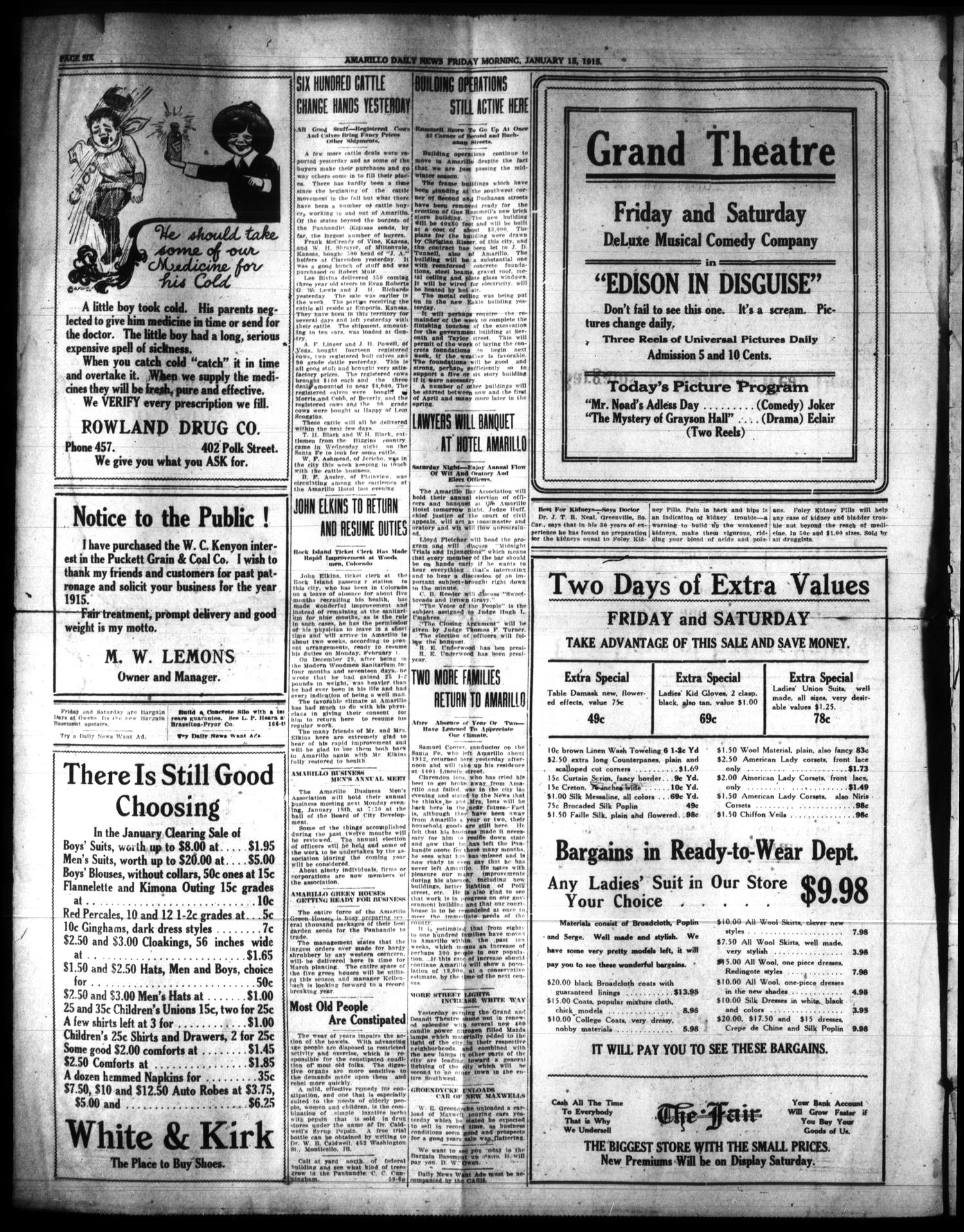 Amarillo Daily News (Amarillo, Tex.), Vol. 6, No. 63, Ed. 1 Friday, January 15, 1915
                                                
                                                    [Sequence #]: 6 of 6
                                                