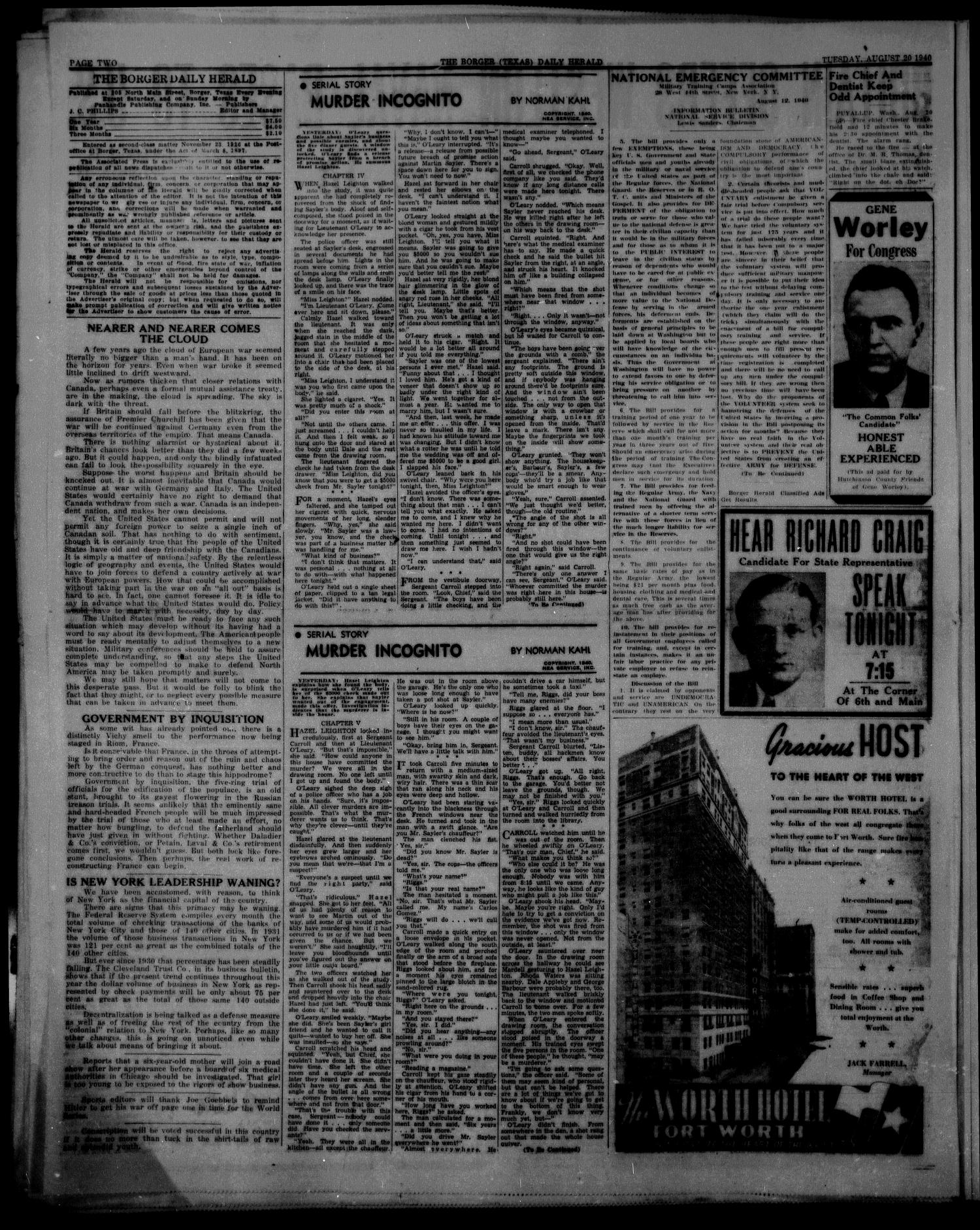 Borger Daily Herald (Borger, Tex.), Vol. 14, No. 232, Ed. 1 Tuesday, August 20, 1940
                                                
                                                    [Sequence #]: 2 of 6
                                                