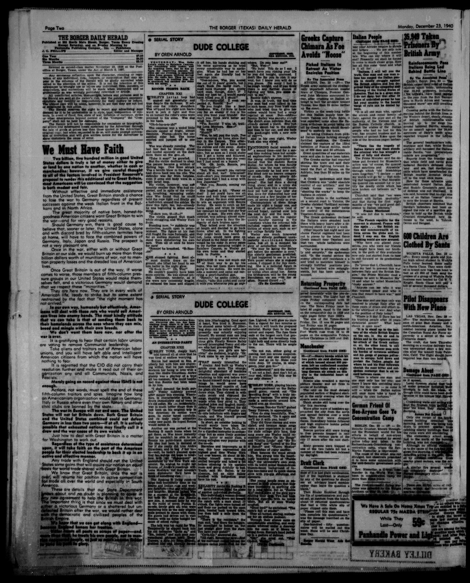 Borger Daily Herald (Borger, Tex.), Vol. 15, No. 26, Ed. 1 Monday, December 23, 1940
                                                
                                                    [Sequence #]: 2 of 6
                                                