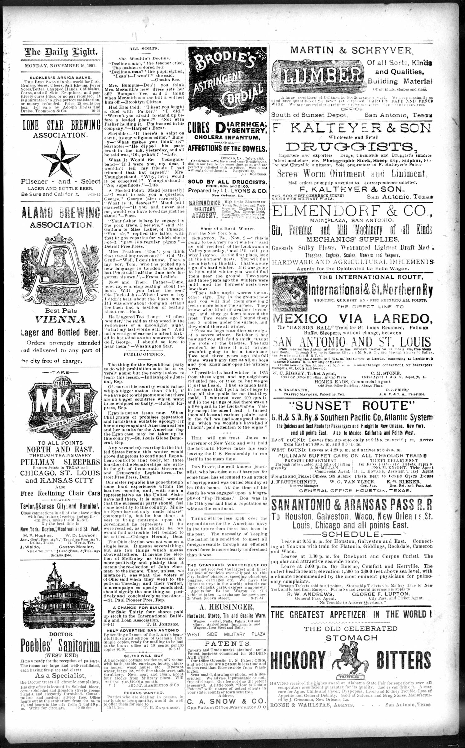 San Antonio Daily Light. (San Antonio, Tex.), Vol. 11, No. 258, Ed. 1 Monday, November 16, 1891
                                                
                                                    [Sequence #]: 3 of 8
                                                
