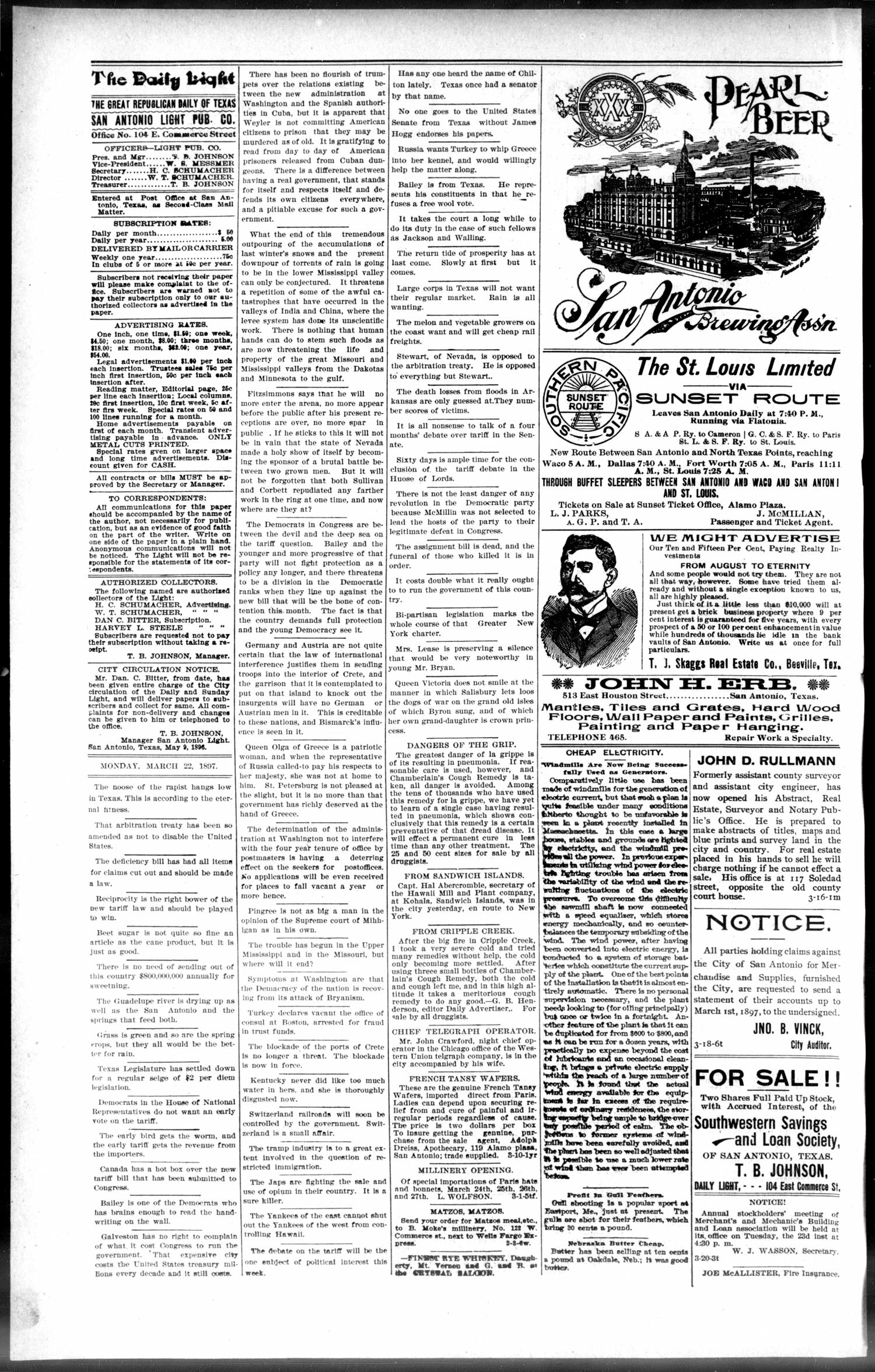 San Antonio Daily Light (San Antonio, Tex.), Vol. 17, No. 63, Ed. 1 Monday, March 22, 1897
                                                
                                                    [Sequence #]: 2 of 8
                                                
