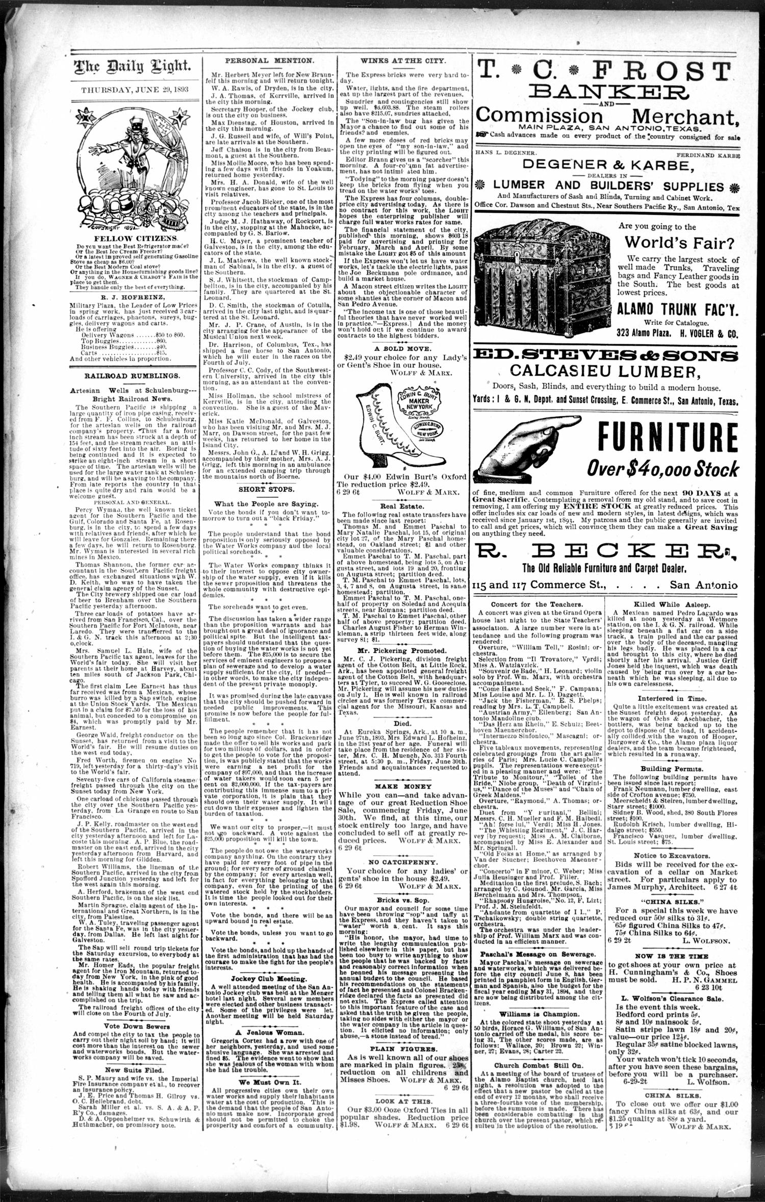 San Antonio Daily Light. (San Antonio, Tex.), Vol. 13, No. 138, Ed. 1 Thursday, June 29, 1893
                                                
                                                    [Sequence #]: 4 of 8
                                                