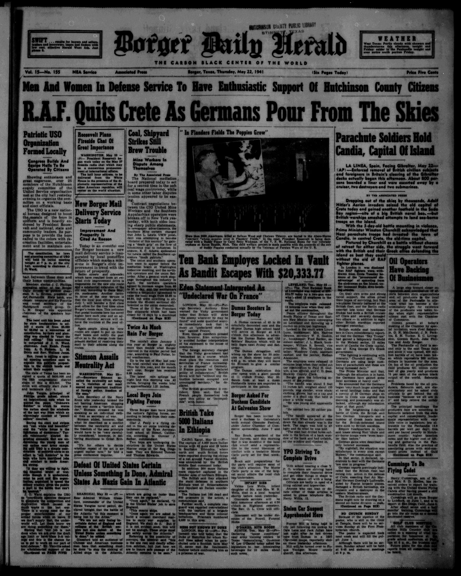 Borger Daily Herald (Borger, Tex.), Vol. 15, No. 155, Ed. 1 Thursday, May 22, 1941
                                                
                                                    [Sequence #]: 1 of 6
                                                