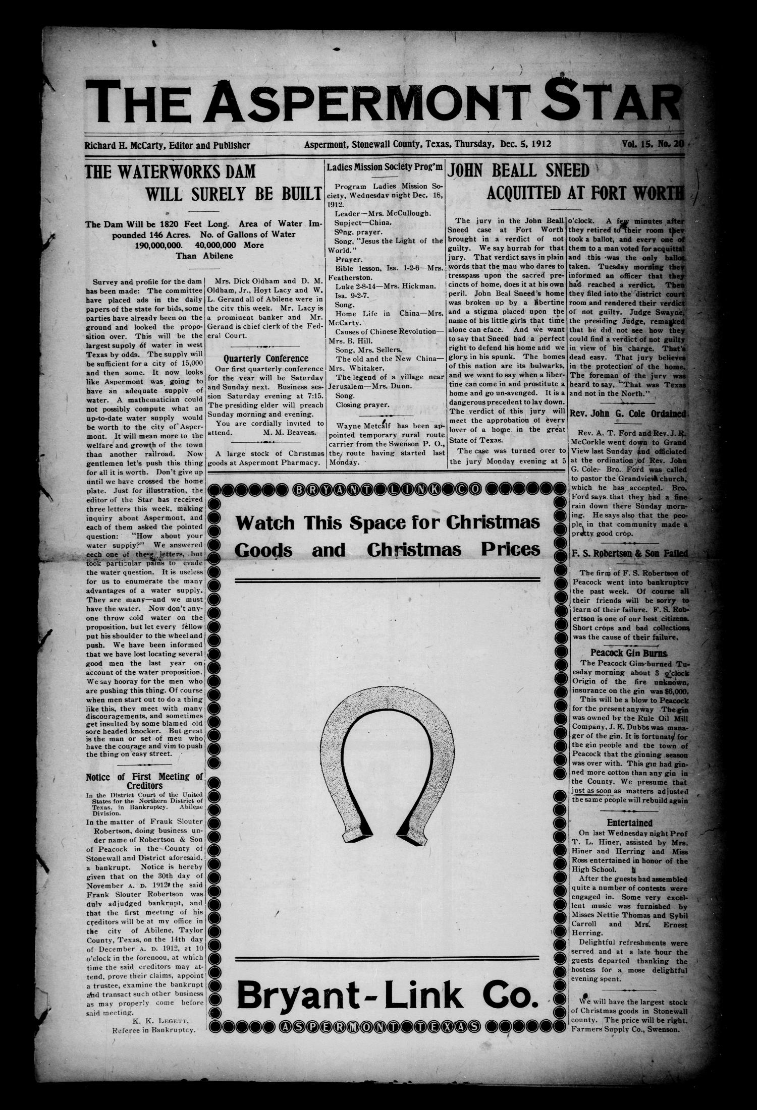 The Aspermont Star (Aspermont, Tex.), Vol. 15, No. 20, Ed. 1 Thursday, December 5, 1912
                                                
                                                    [Sequence #]: 1 of 6
                                                